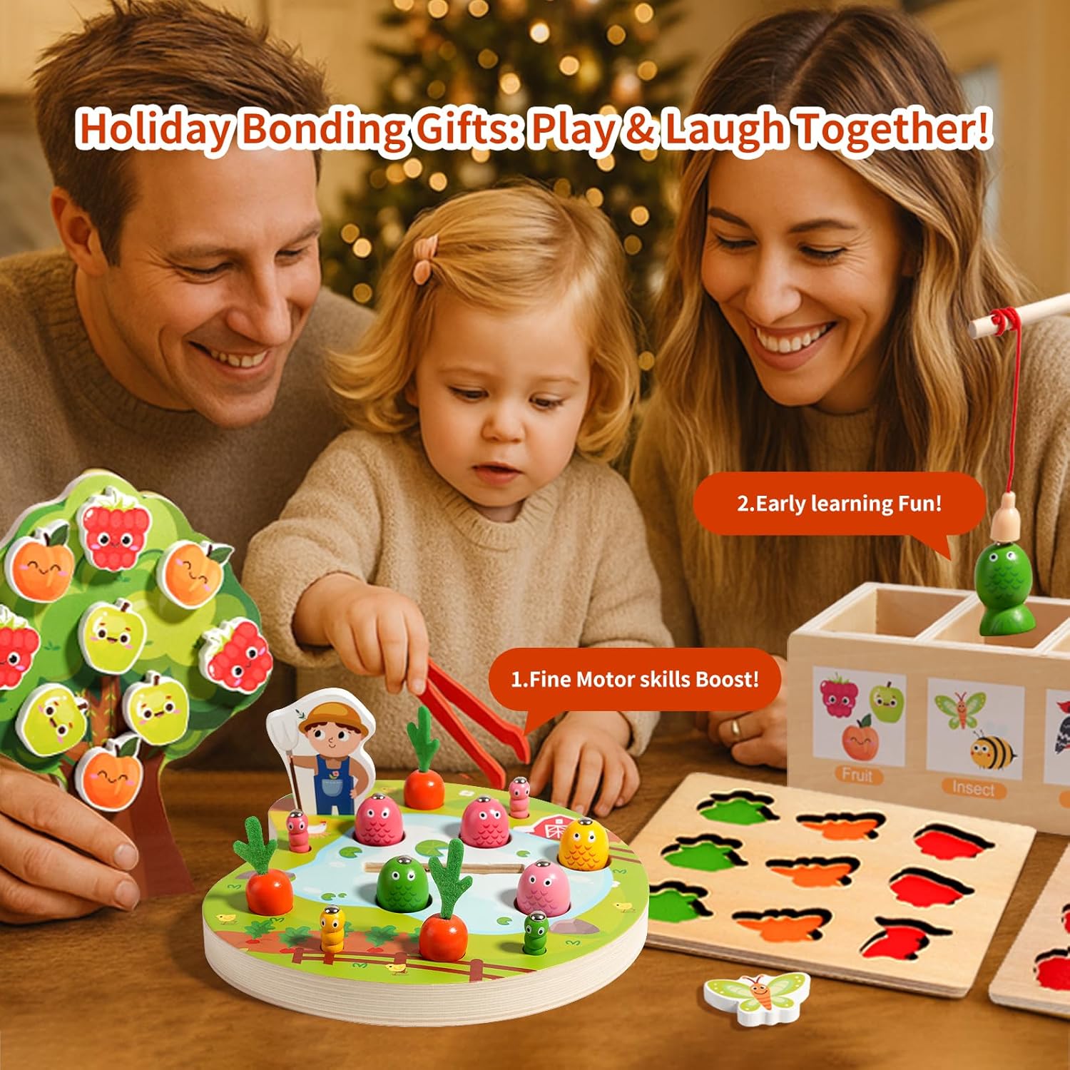 Toddler Sensory Montessori Wooden Preschool Learning Educational Gift Toy for Kids Ages 3 4 5, Shape Color Sorter Apple Picking Carrot Harvest Game,Magnetic Fishing - Fine Motor Skills Toys