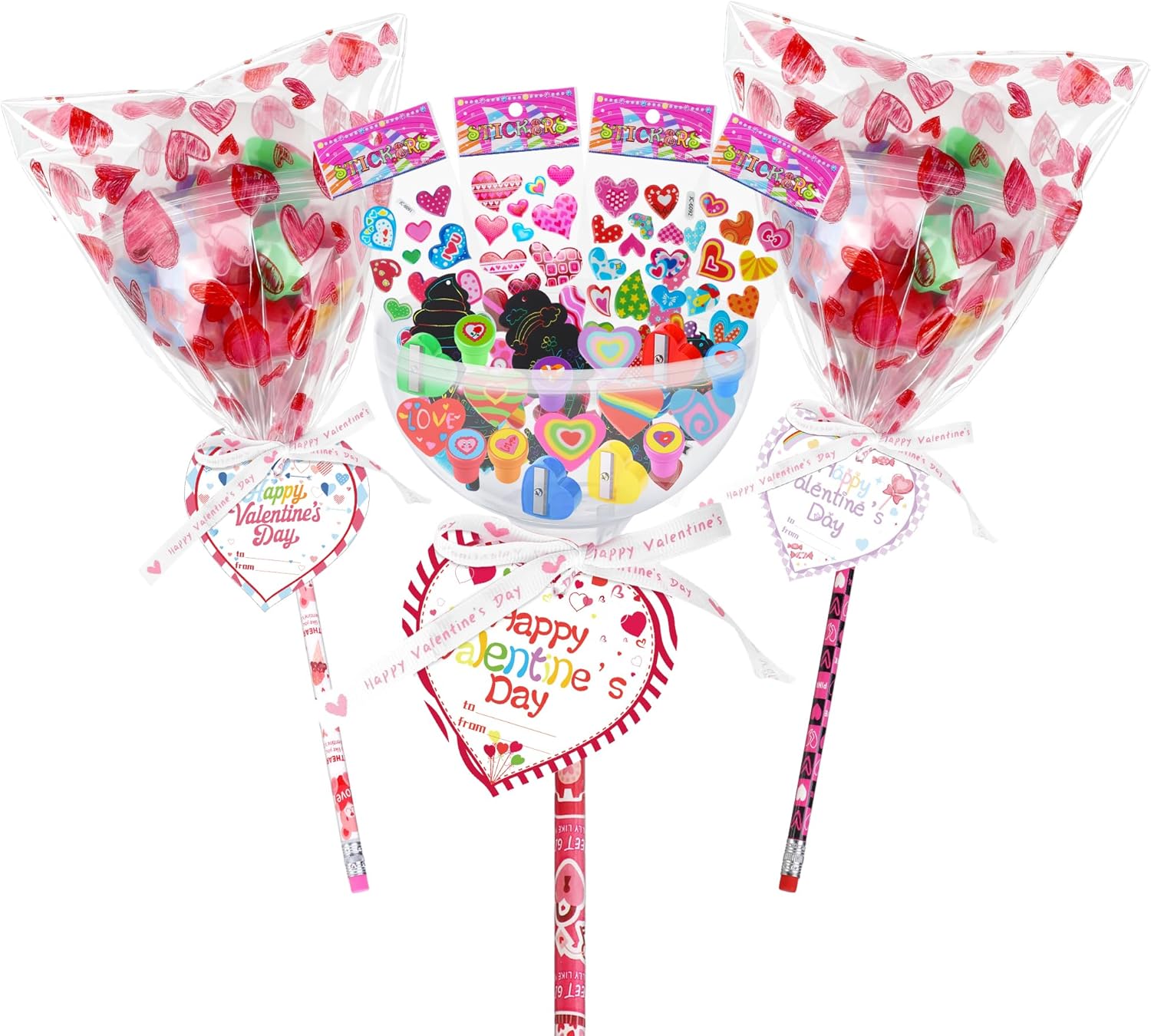 Aneco 24 Giant Lollipop-Shaped Stationery Set, Valentines Day Gifts with Scratch Art Kits Cards Pencils Stickers Erasers Stamps Sharpeners for Exchange Party Favors Bags