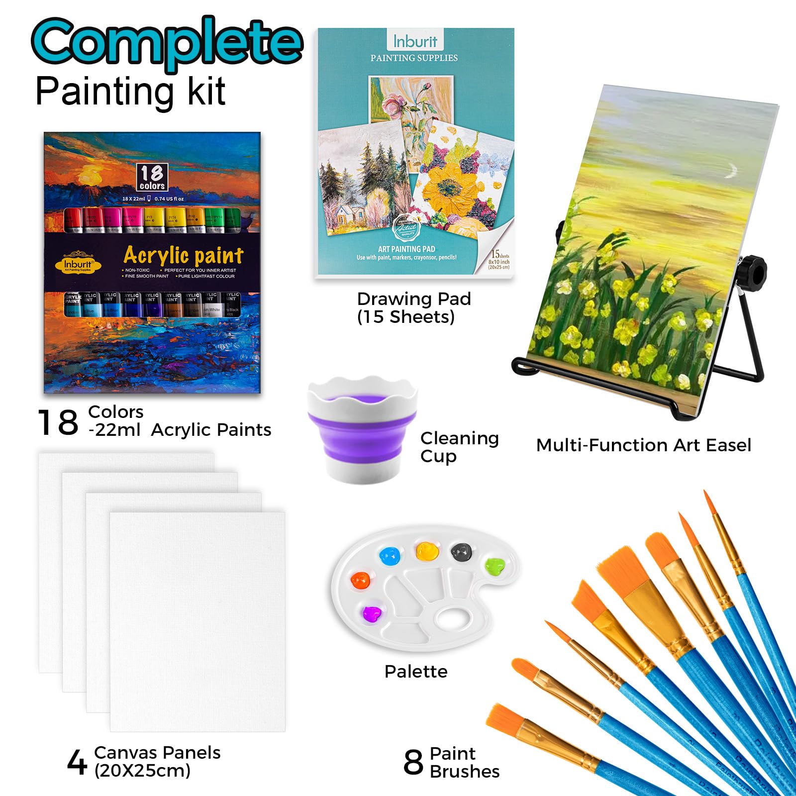 Inburit Set di colori acrilici, set da pittura con 18 colori acrilici (22 ml), tela e pennello, ideale per adulti, principianti per tela, pietre, legno