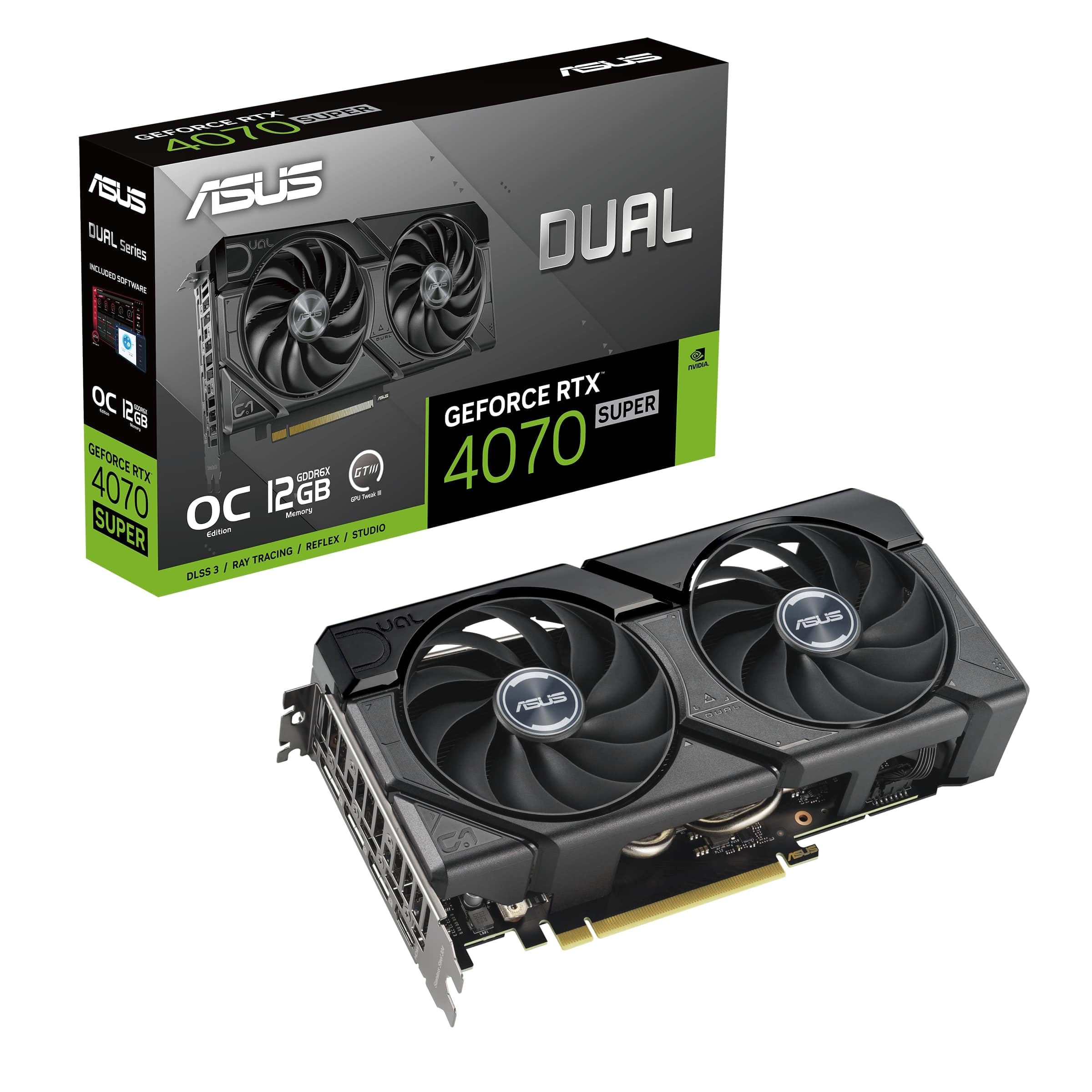 ASUS Dual GeForce RTX 4070 SUPER EVO OC 12GB Graphics Card: GDDR6X, 192-bit Memory, 2550 MHz Boost Clock, 21 Gbps Memory Speed, 7168 CUDA Cores, PCI E 4.0, HDMI 2.1a - Black