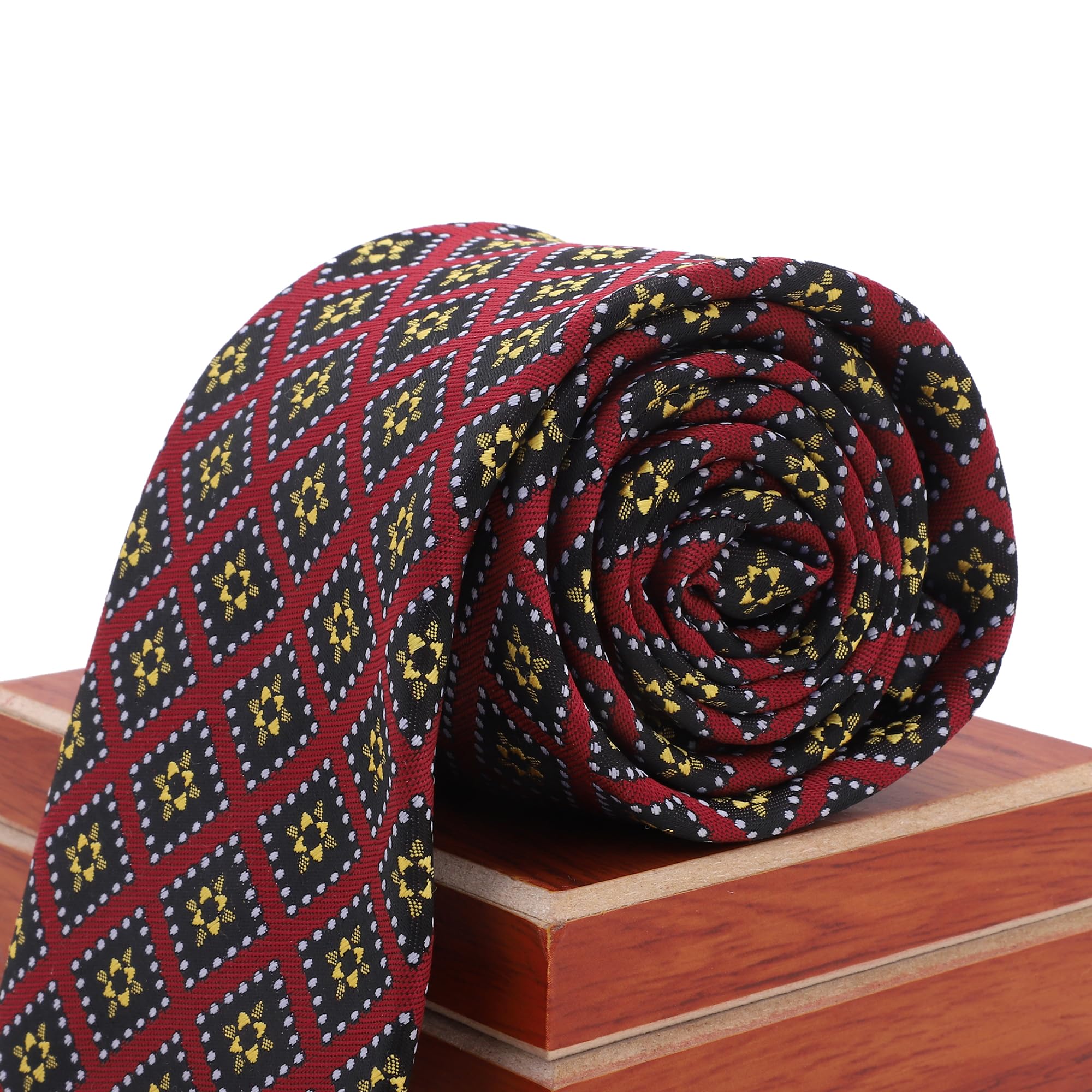 THE DELHI LOOM Men's Micro Silk Tie and Pocket Square Set – Burgundy & Yellow Diamond Pattern – Formal Neckwear Gift Set in Wooden Box – Ideal for Weddings, Business, and Special Occasions - Image 5 thumbnail