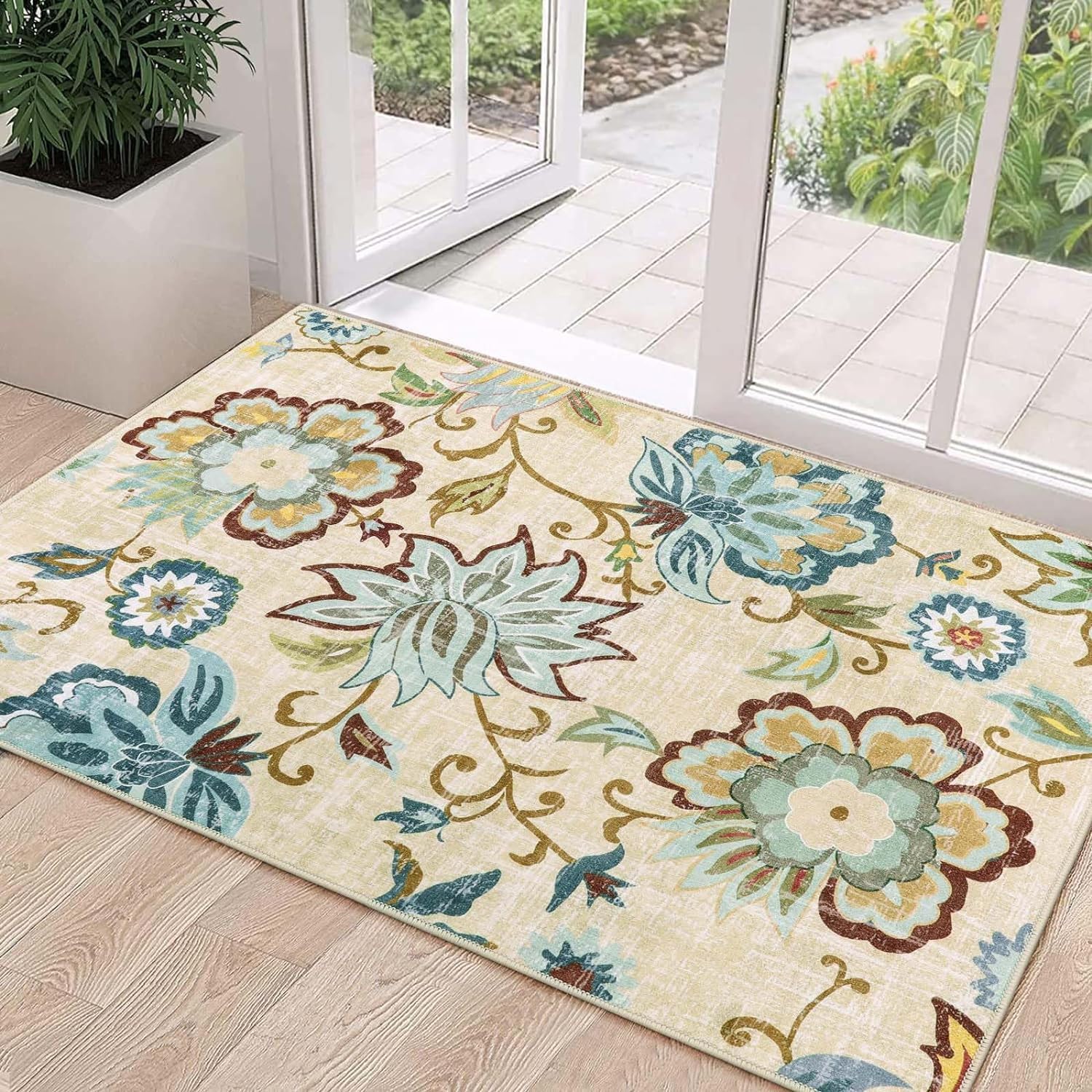 Felpudo Entrada Casa 60x90 cm Flores Verdes Beige Felpudo Antideslizante Lavable Felpudo Exterior Felpudos Entrada Casa Alfombrilla para Pasillo Cocina Dormitorio Mascotas