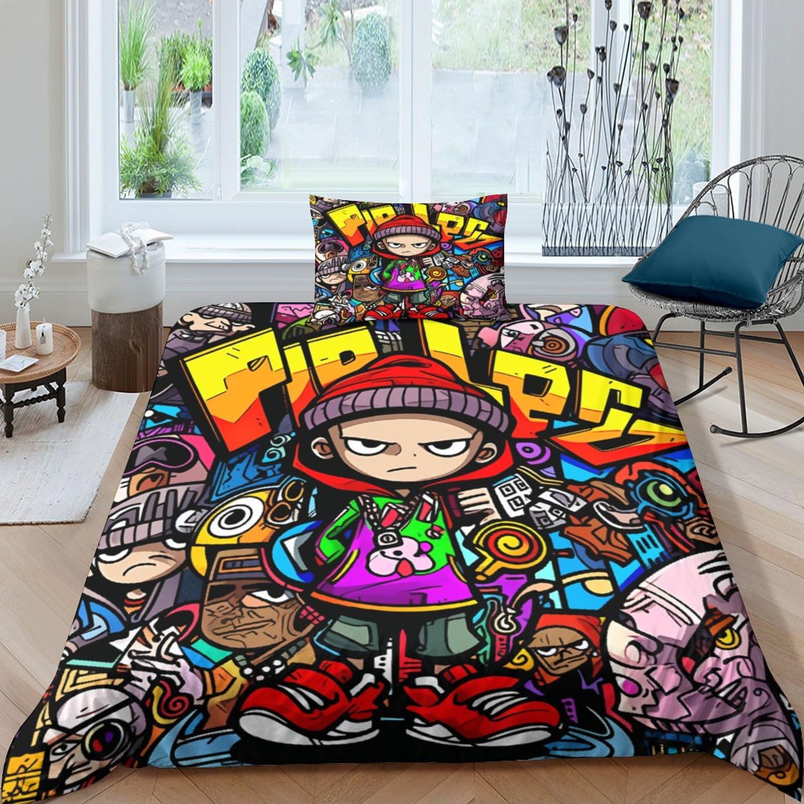 Aaharya Hip Hop Duvet Cover, 3D Quilt Cover With Pillowcases, 100% Microfibre,Graffiti Theme Bedding Set For Children Kids Adults Single（135X200cm）