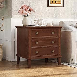 IKENO Solid Wood Nightstand with 3 Drawers, Tall Solid Wood Nightstands, Multi-Use as End Table/Side Table, Elegant Retro Style Wooden Nightstand for Bedroom, Reception Room, Deep Walnut