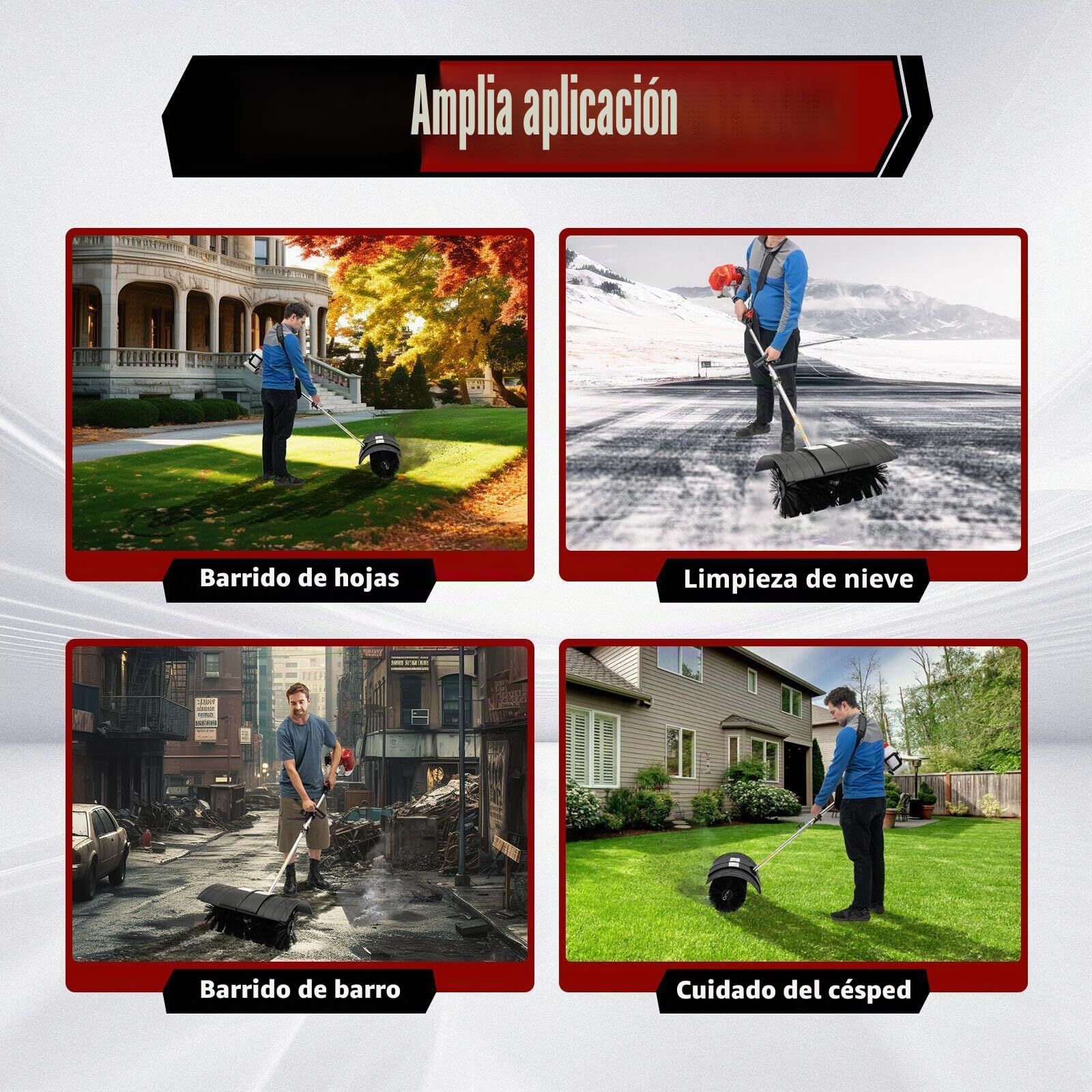 Barredora de césped artificial, 52 cc, cepillo de mano de gasolina, escoba de mano, camino de entrada, hoja artificial, cepillo de césped de 2 tiempos, escoba al aire libre, barredora de mano, 1,7 kW