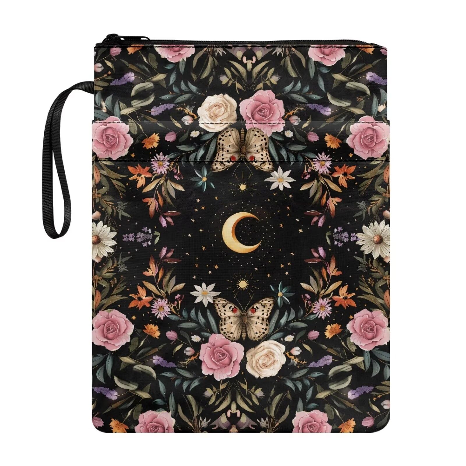 Wanyint Book Sleeve Smooth Zipper Book Cover with Front Pocket 11.4 x 8.7 Inch for Parents, Daughter, Son, Grandparents, Moon Butterfly Rose Floral
