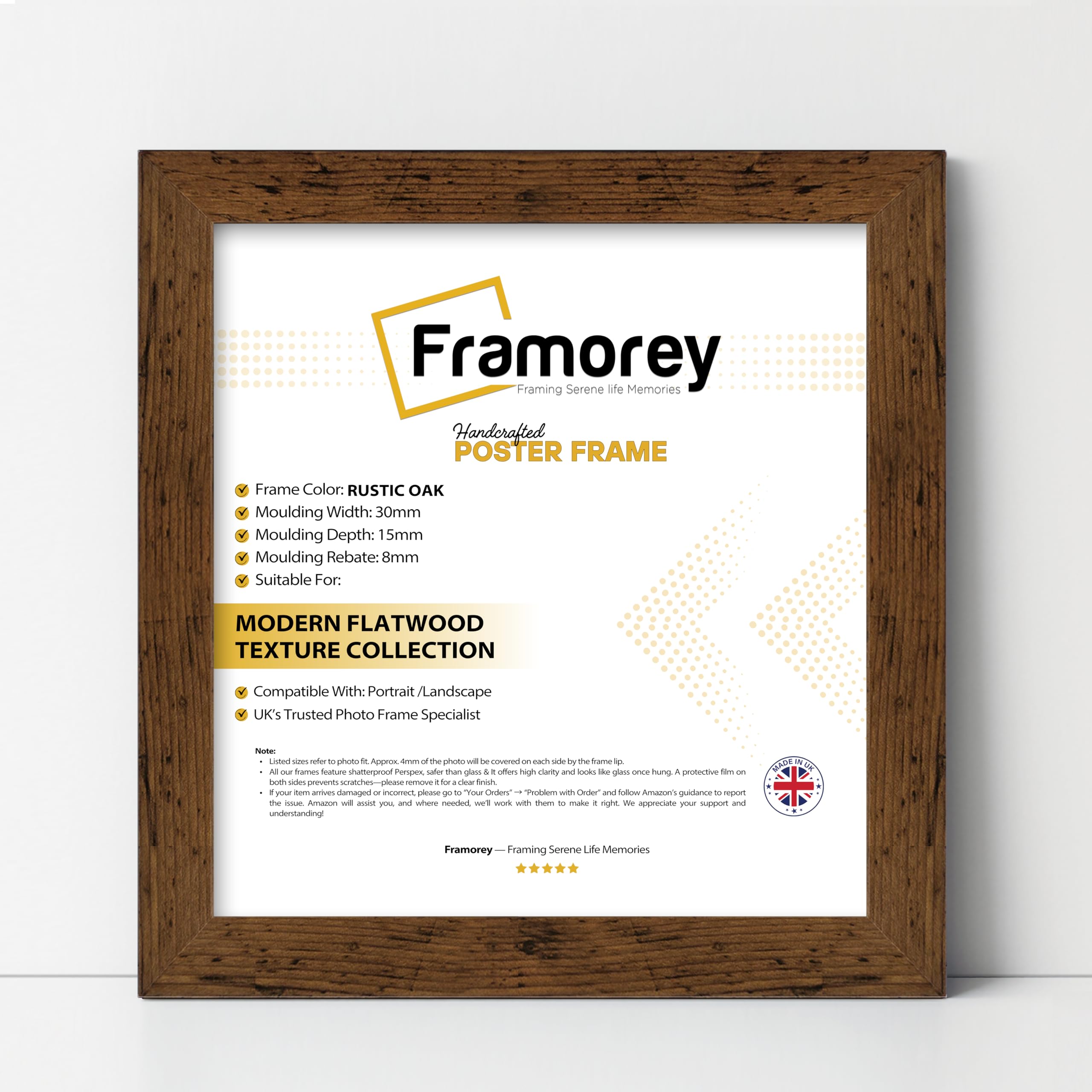 Framorey (12X8 Inch (Din A4)) Rustic Oak Picture Frame / Wall Art Frames / Flat Wooden Effect Poster Frame / Photo Print Frame