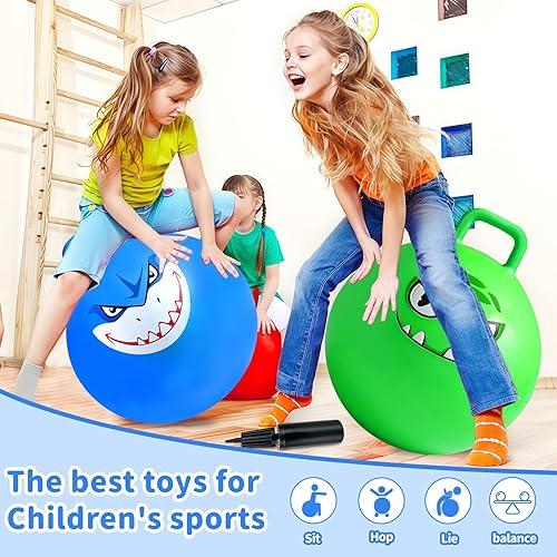 Miniatura 2 de Bolas de rebote con asas Hymaz para niños, paquete de 3 pelotas saltarinas para niños de 3 a 6 años, pelotas hippity hop de 18 pulgadas con bomba de