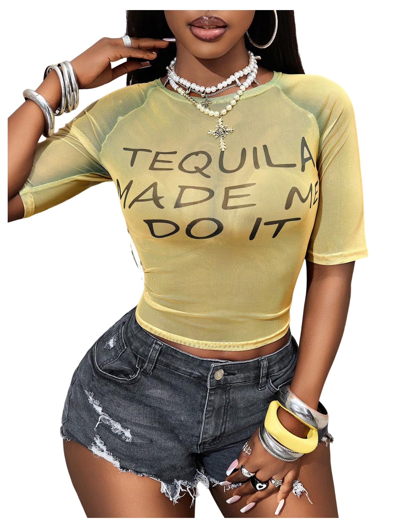 Women's Sheer Mesh Letter Graphic Tees Short Sleeve Crew Neck Y2K Vintage Crop Tops Going Out T Shirt