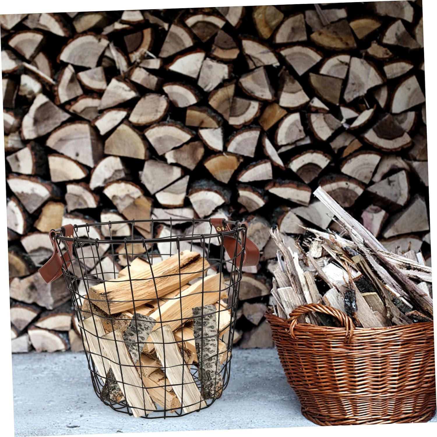 Metal Firewood Organizer Basket Stylish Iron Logging Holder for Fireplace Outdoor Use Large Capacity Firewood Storage Portable Handle Rustic Decor for Home Barbecue