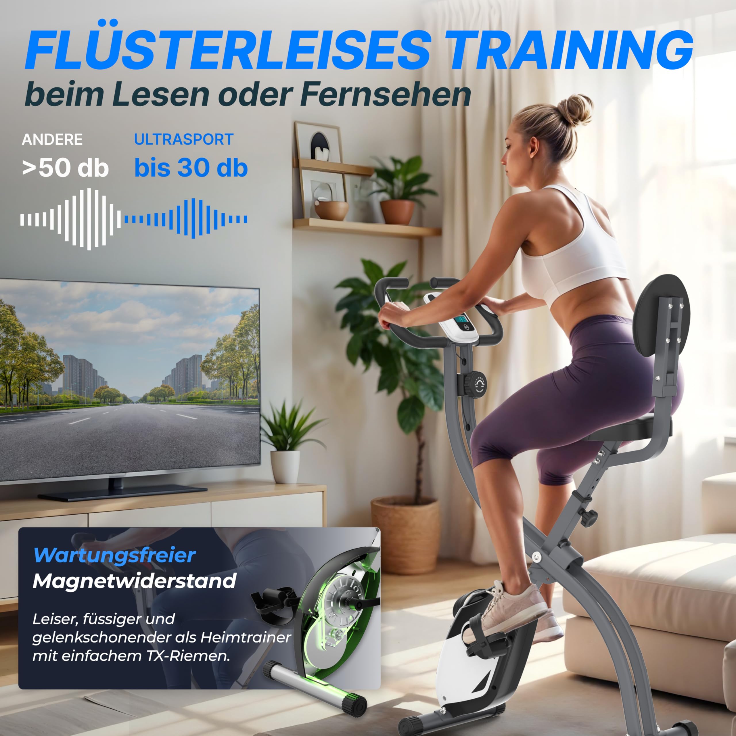 Ultrasport F-Bike 150/200, Heimtrainer, 8 Widerstandsstufen, Tablethalterung, Handpulssensoren, faltbar, platzsparend, LCD Display, für Sportler und Senioren