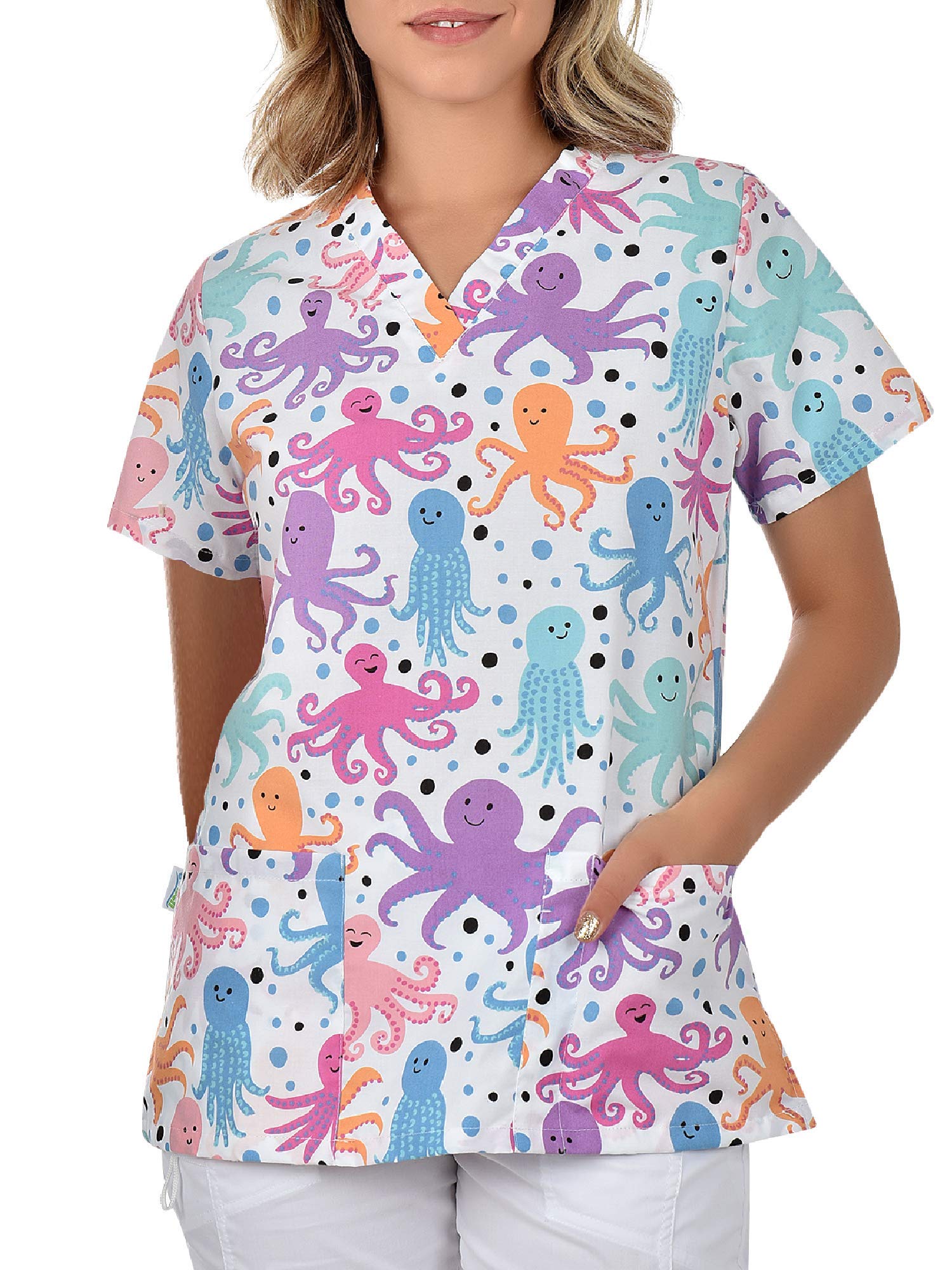 B-well Bambina Casacas Sanitarias Mujer Manga Corta Cuello V para Enfermeras, Dentistas, Médicos, Estudiantes y Veterinarios
