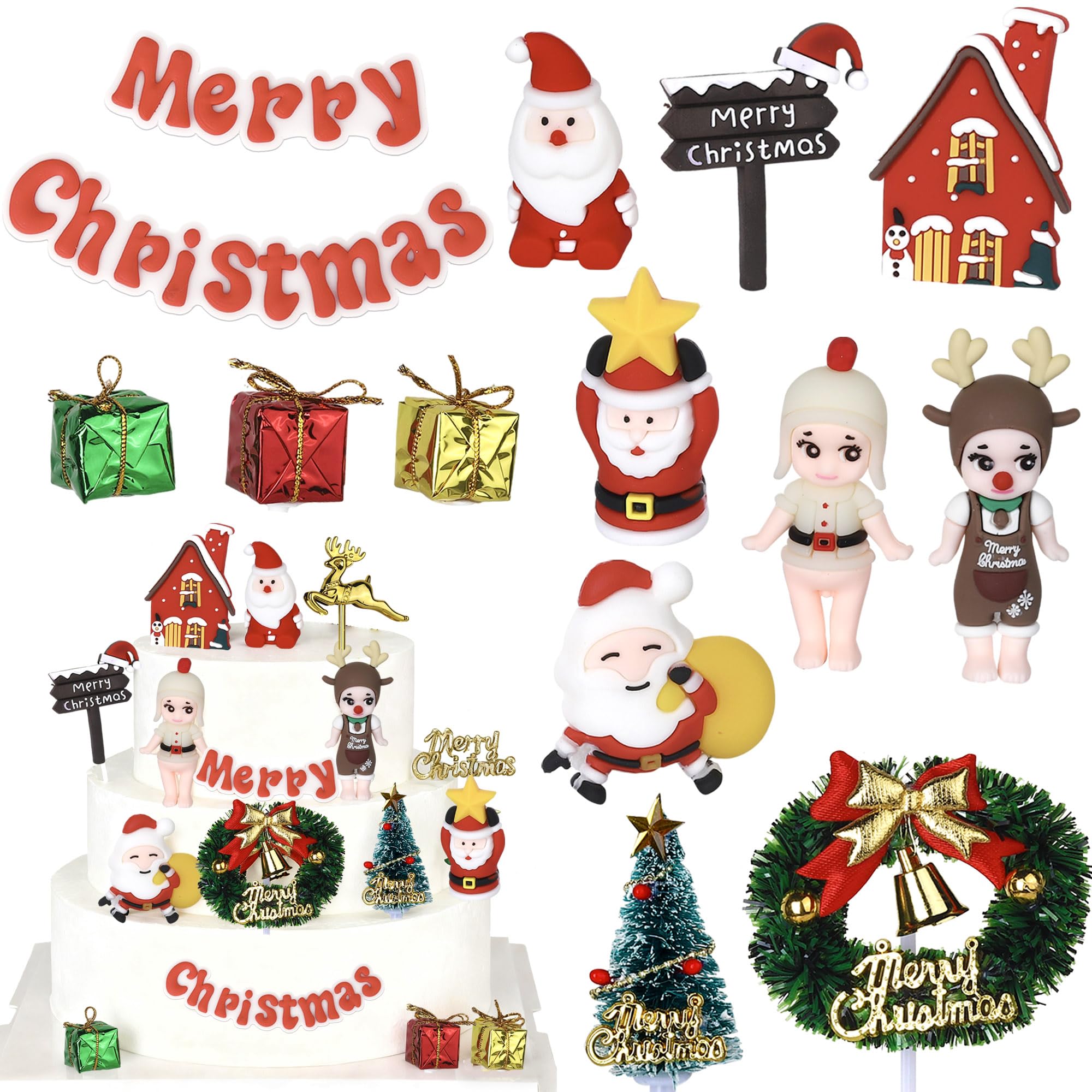 SYKYCTCY 14 Pack Merry Christmas Cake Toppers Merry Christmas Cake Decoration Resin Little Figurine Cane Snowman Deer Christmas Tree Cake Picks for Santa Theme Holiday Party Decorations Supplies