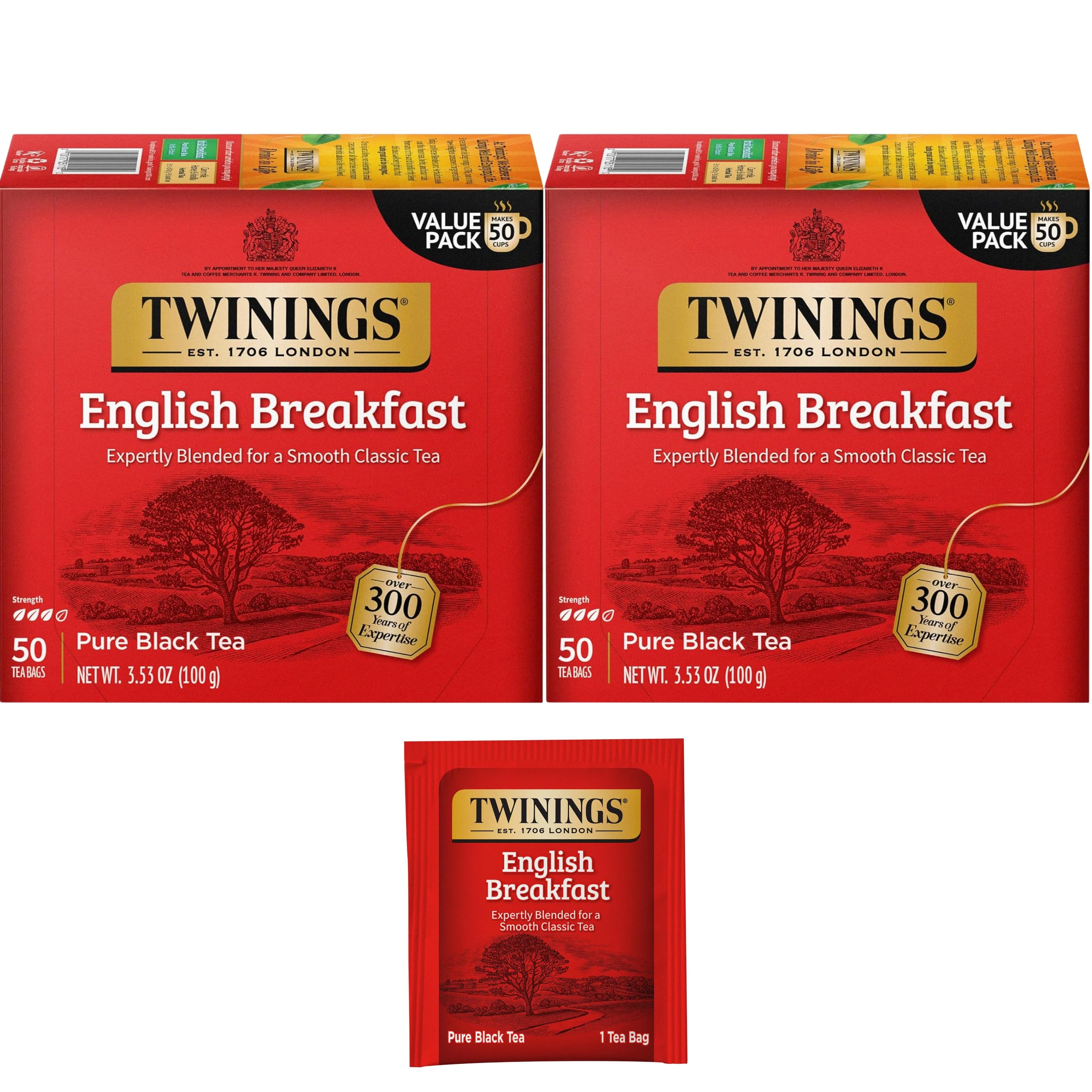 English Breakfast Individually Wrapped Tea Bags, 50 Count (Pack of 2), Flavorful, Robust Caffeinated Black Tea, Enjoy Hot or Iced