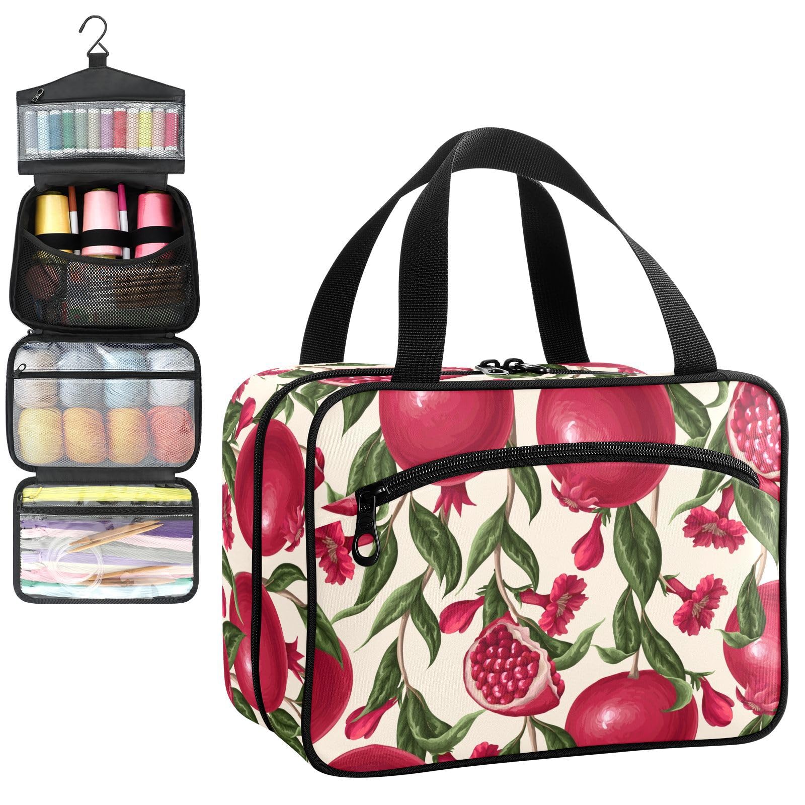 YNNALE Sewing Supply Organizer Bag, French Red Pomegranate Fruit Retro Vintage Portable Sewing Bags with Pockets&Hanger, Sewing Storage Box Case for Sew Supplies/Kit/Tools/Accessories (BAG ONLY)
