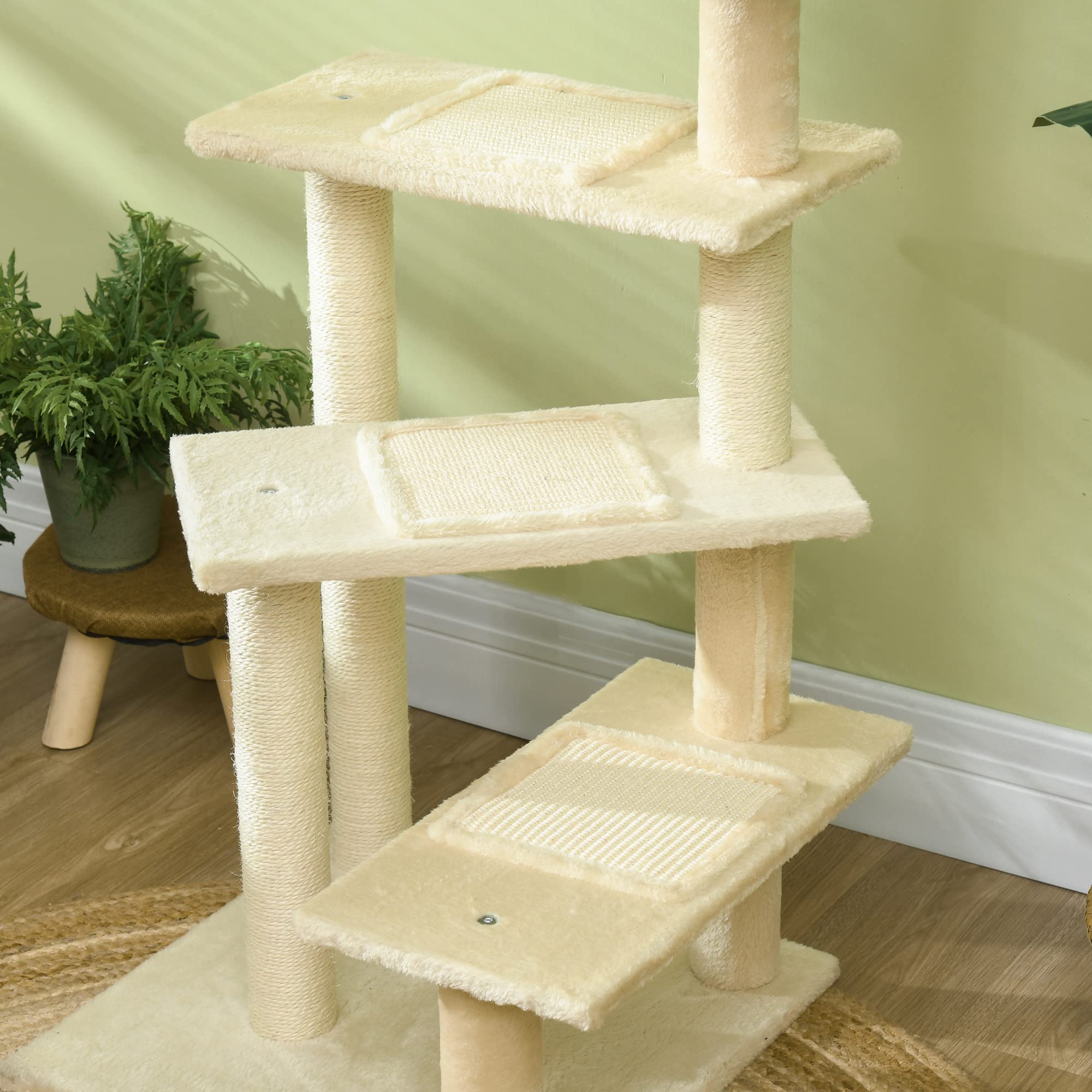 PawHut Árbol para Gato Rascador Poste para Arañar con Cama Plataforma con Manta de Sisal 50x50x100cm Terciopelo Beige | Grande, para Arañar, Cama, Manta de Sisal, Terciopelo