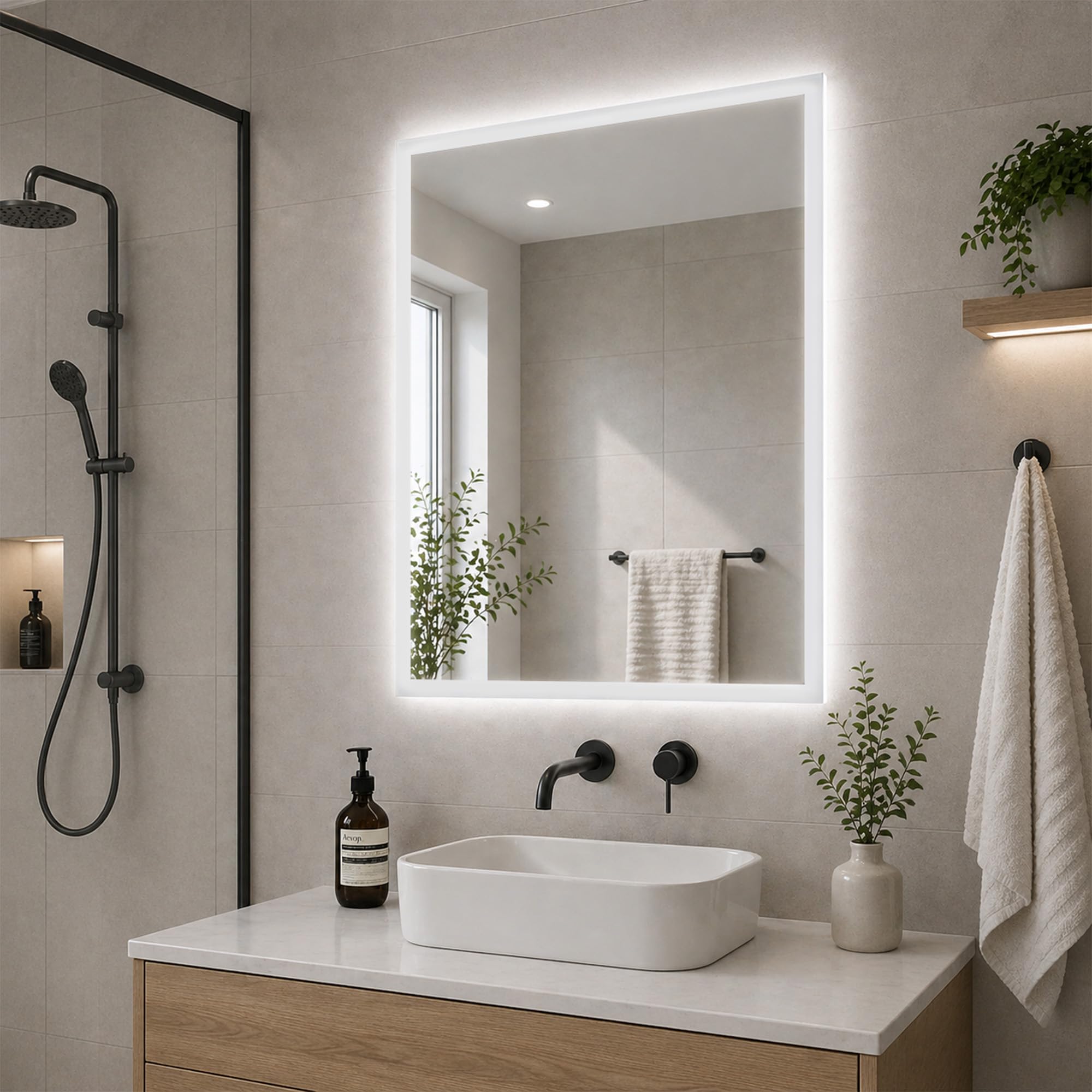 Pebble Grey Illuminated Bathroom Mirror with LED Lights 390x500mm IP44 Rated - Glendale Bathroom Mirror with Lights, Heated Demister Pad, & Motion Sensor Switch, Rotatable Vanity LED Mirrors