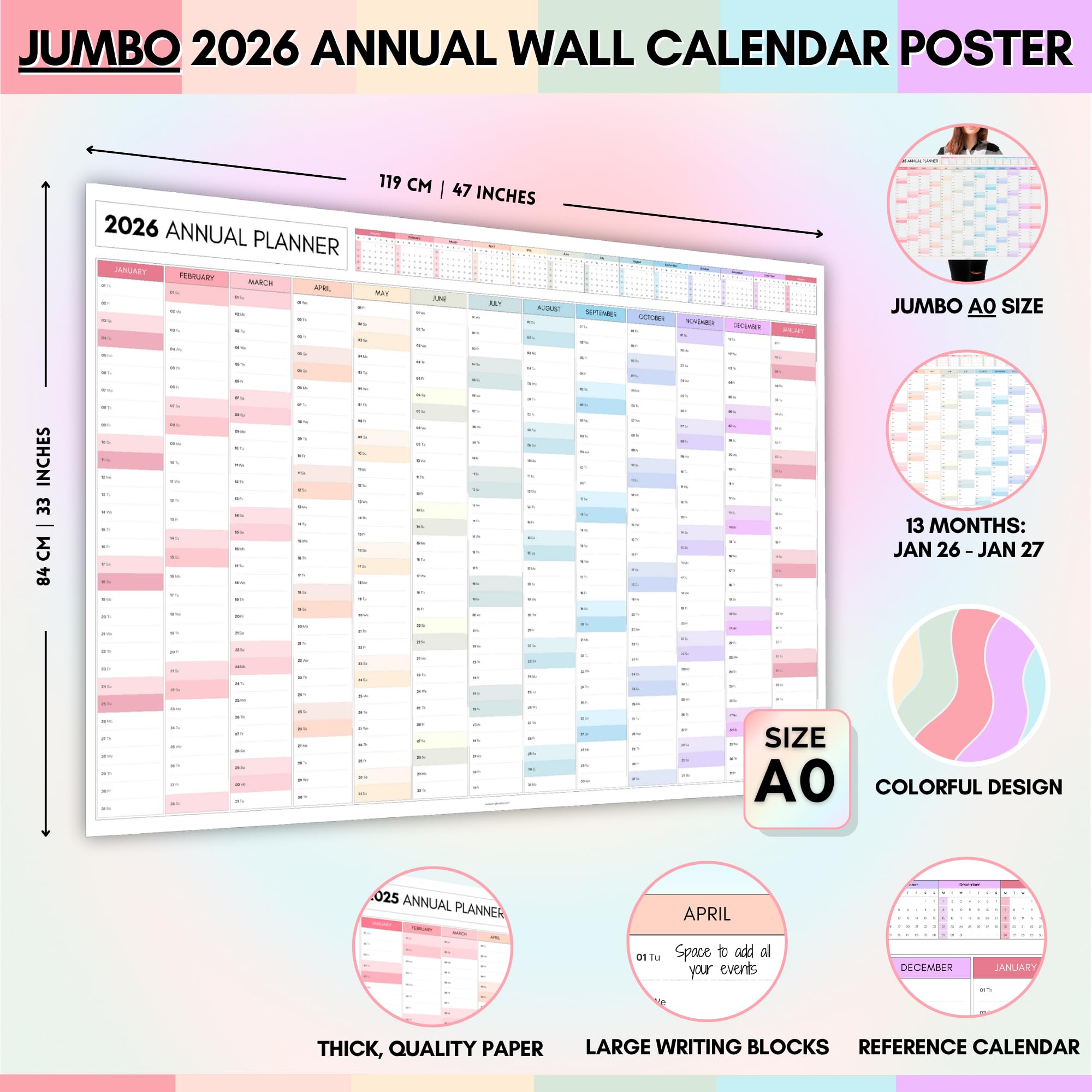 2026 Planificador Mensual Gigante de Pared, A0 119 cm x 84 cm | IMPRESIÓN GIGANTE DOBLE LADO, Calendario de Pared Arcoíris 2026, Planificador Anual, Vista Completa del Año | Organizador para Oficina