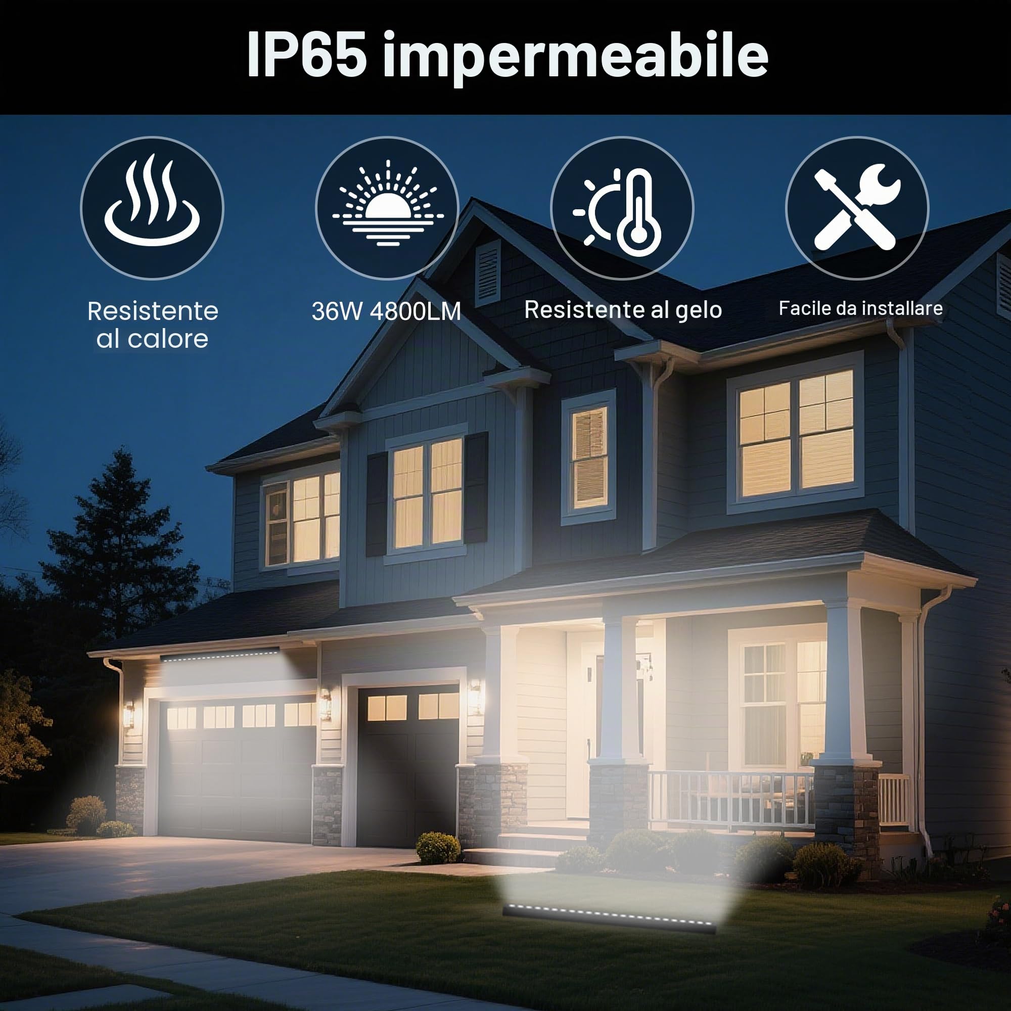 Faretto LED per esterni, 4000 K, bianco neutro, IP65, impermeabile da 1 m, con supporto e spina a 360°, barra luminosa a LED super luminosa, per giardino, terrazzo, illuminazione tettoia