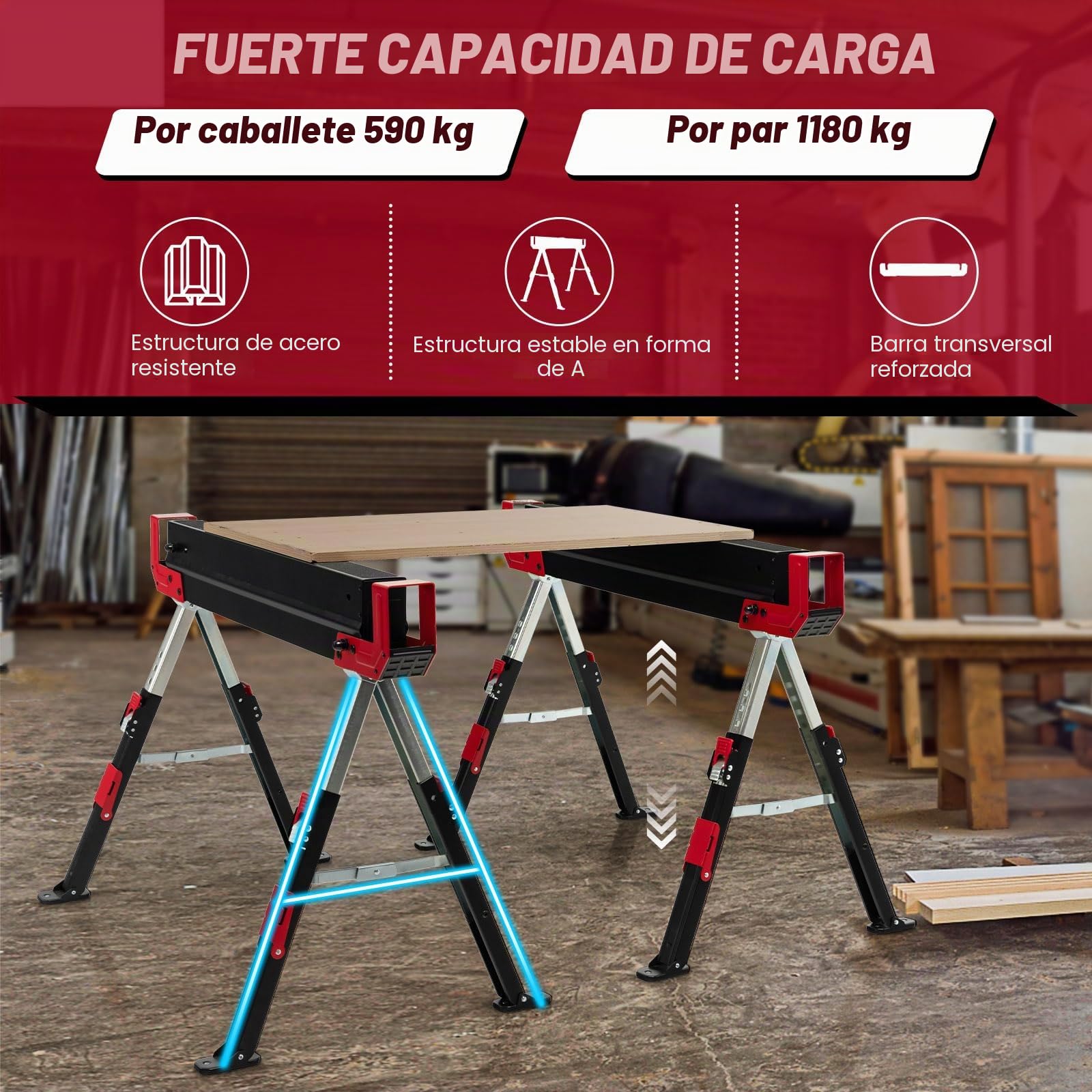 SOARS 2 caballetes de trabajo de altura regulable, caballete plegable máx. 1180 kg, con superficie de trabajo antideslizante, soportes plegables y asa, soporte para andamios, ayuda para sierra (rojo)