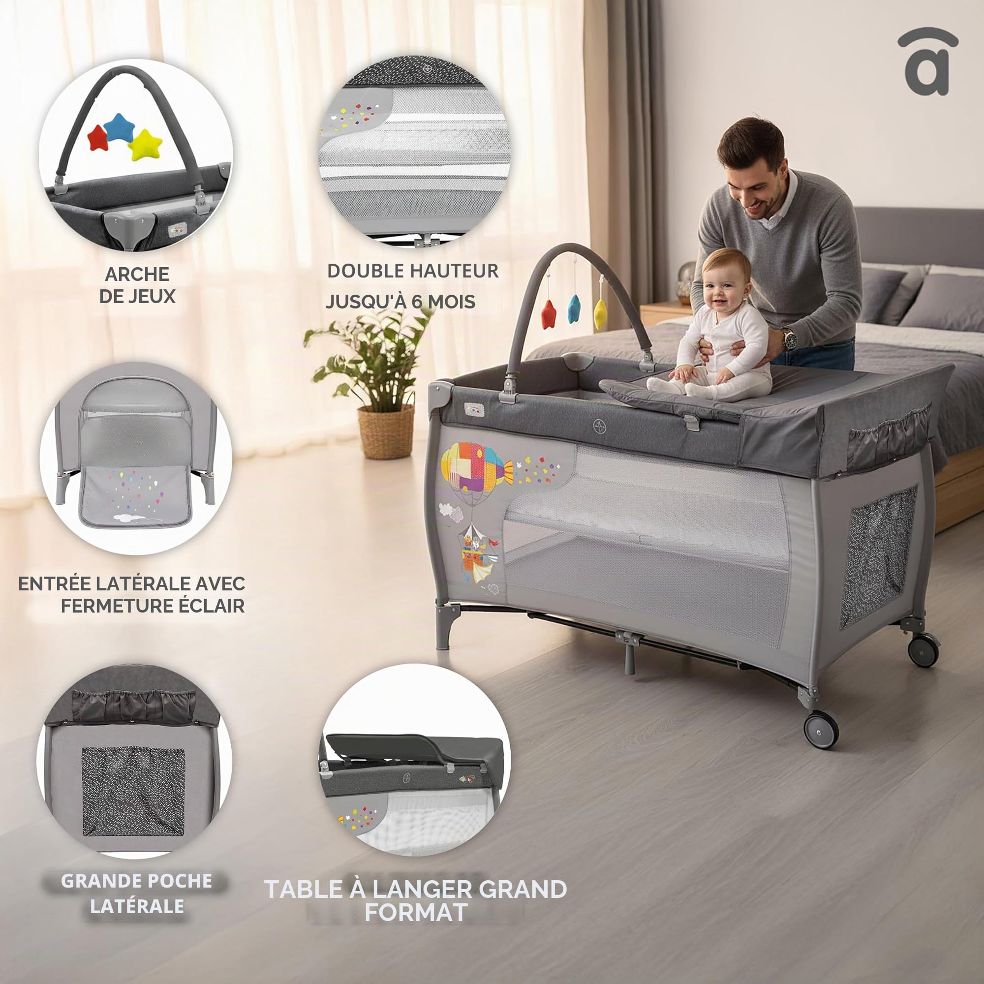 Asalvo Lit de Voyage 120 x 60 Mix Plus pour bébé de 0 à 15 kg /3 en 1. Lit de Voyage et Matelas à Langer Pliable en 30 Secondes avec Hauteur réglable/Gris Zep