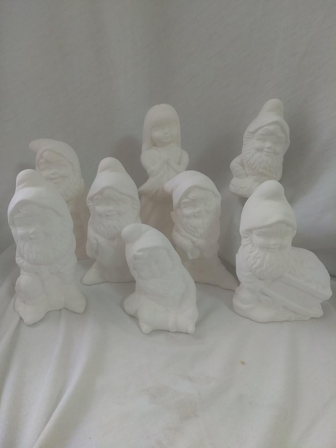 Princess White with 7 Dwarf Gnomes Ceramic Bisque, Ready to Paint