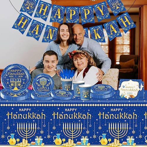 Miniatura 3 de 142 piezas de decoración de fiesta de Hanukkah, juego de vajilla con temática de menorá de Hanukkah, incluye platos, servilletas, vasos, mantel,