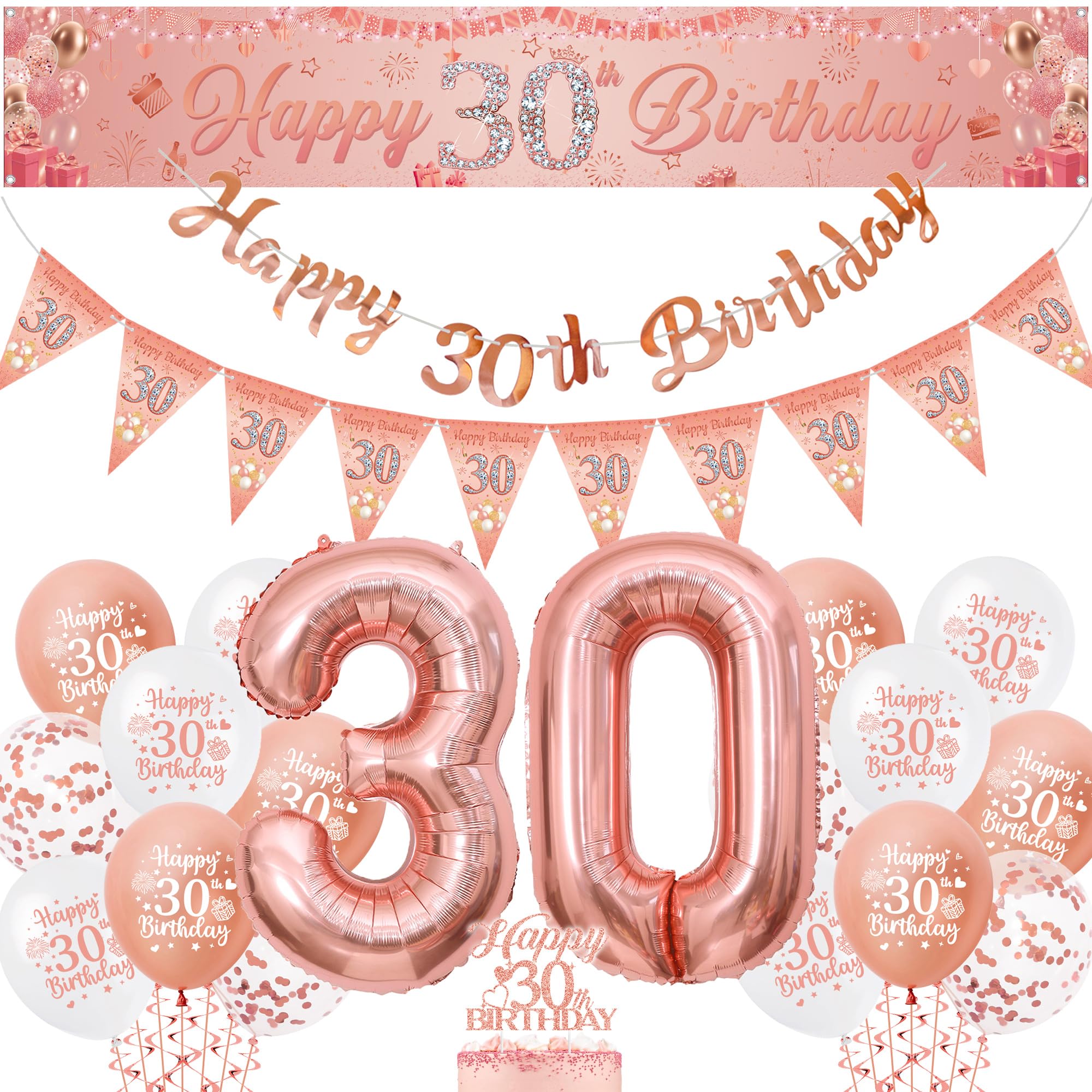 30th Birthday Decorations Balloons Women - Rose Gold Decoration Yard Banner Set with Pennant, Happy 30 Years Old Banners Cake Topper and Number Foil Balloon