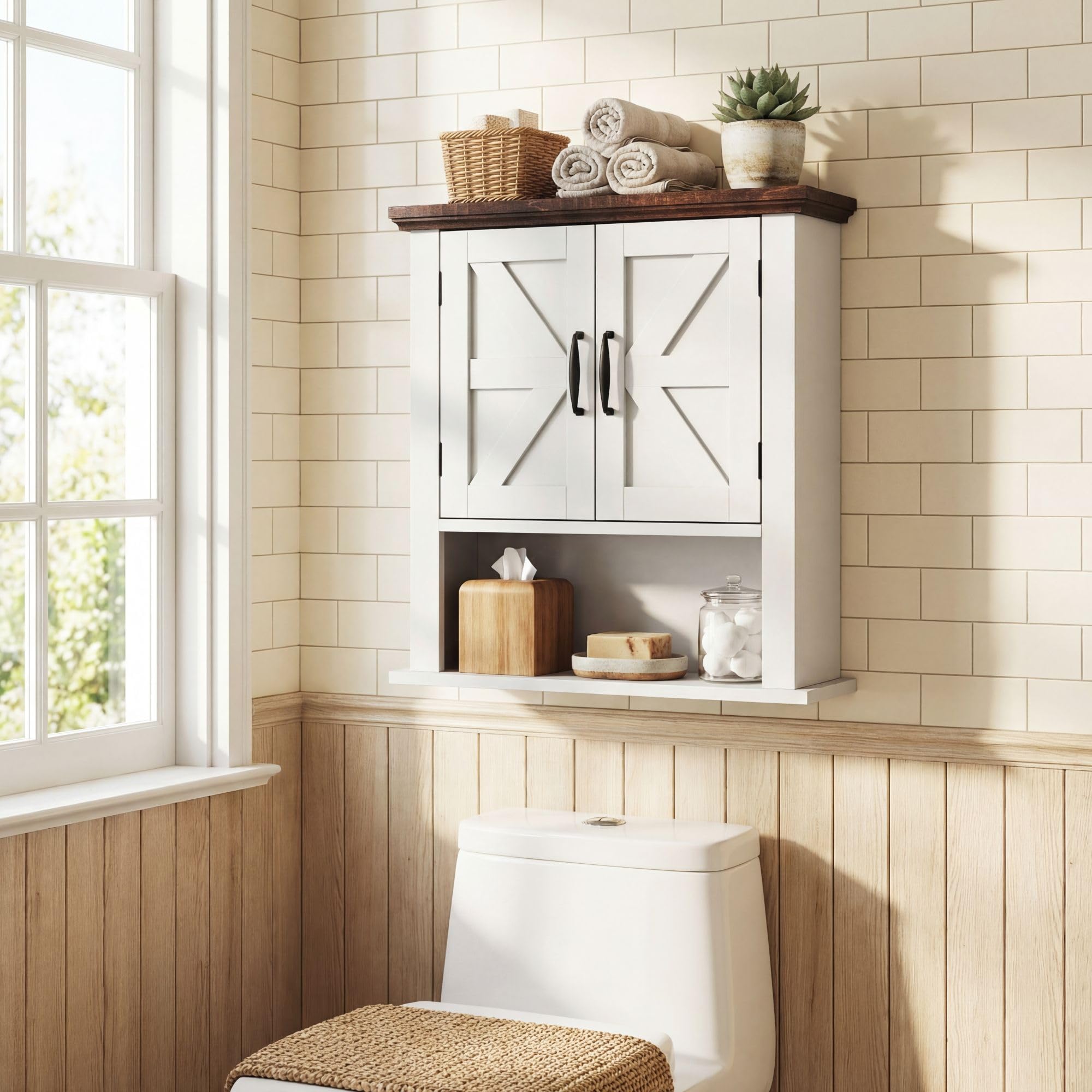 GIANTEX Armario de Pared para Baño, Mueble Colgante con 2 Puertas y 1 Compartimento Abierto, Estilo Granero, Estante Ajustable, 55x19x60cm, Organizador para Cocina, Entrada, Lavandería (Blanco)