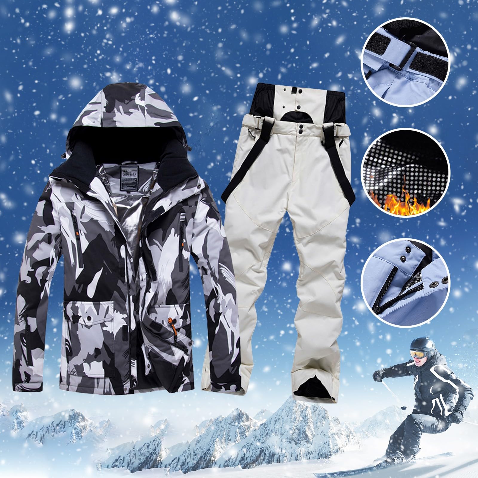Traje de Nieve para Hombre Conjunto de Chaqueta y Pantalones de Esquí Cálida Invierno Abrigo de Nieve Cálido Conjunto para Esquí Senderismo Escalada Snowboard Aislado