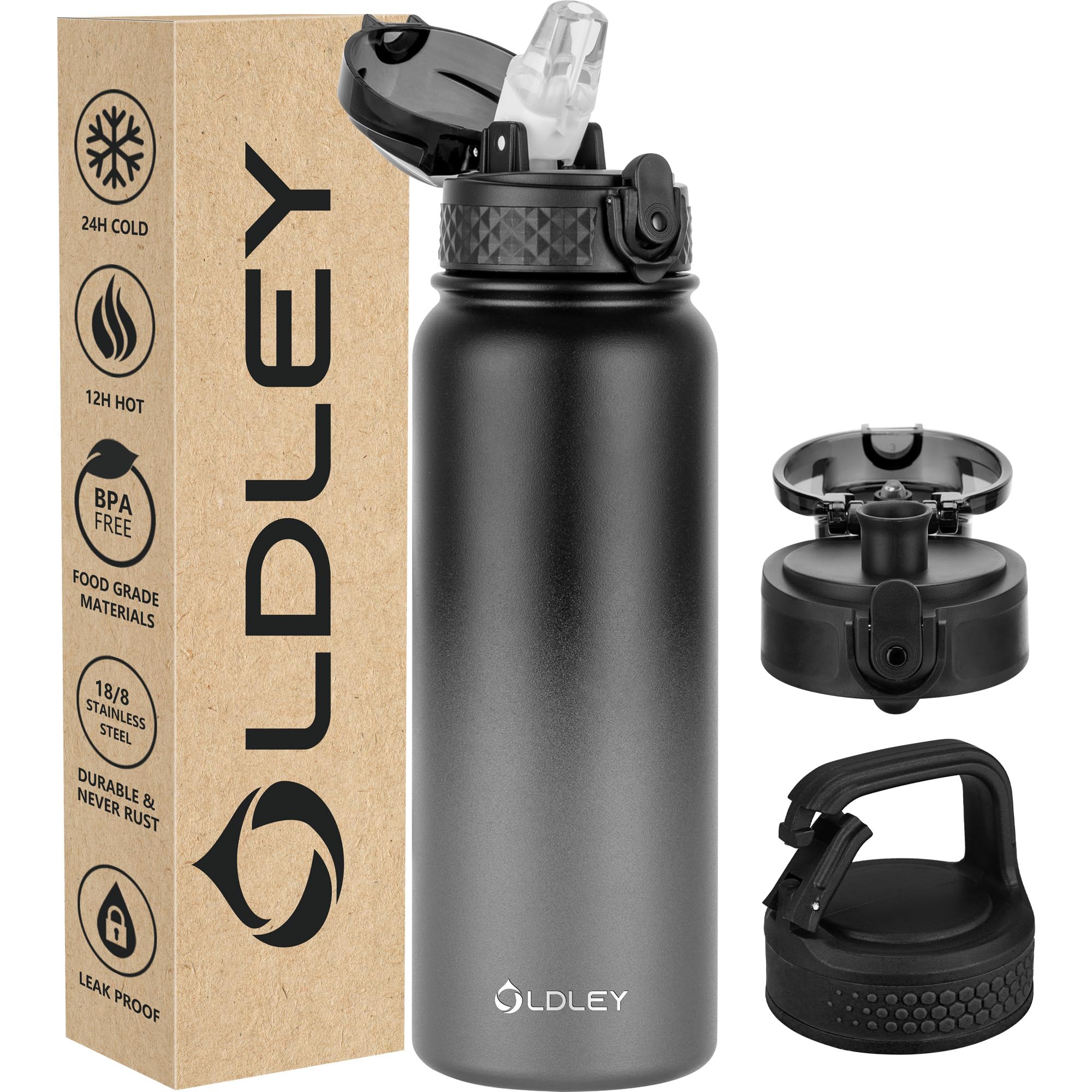 Oldley Insulated Water Bottle 20oz Water Bottles with Straw, Stainless Steel Water Bottle with 3 Lids, Double Wall Vacuum Bottles for Adult Kids,