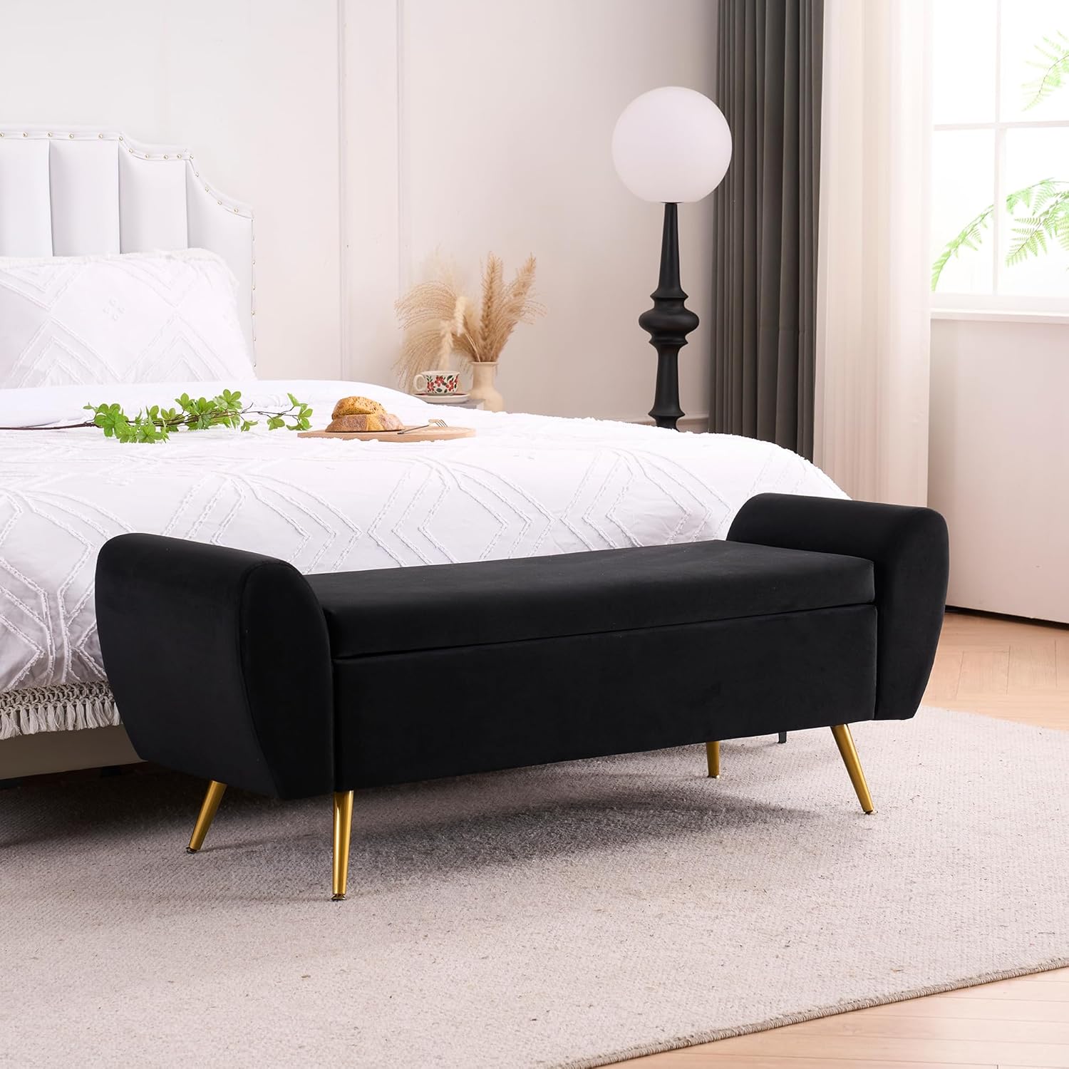 Velvet Storage Bench for Bedroom, 57" Long Bench for King Size Bed, Modern Upholstered End of Bed Ottoman Bench with Arms and Gold Legs for Entryway Living Room (Black) Velvet-black