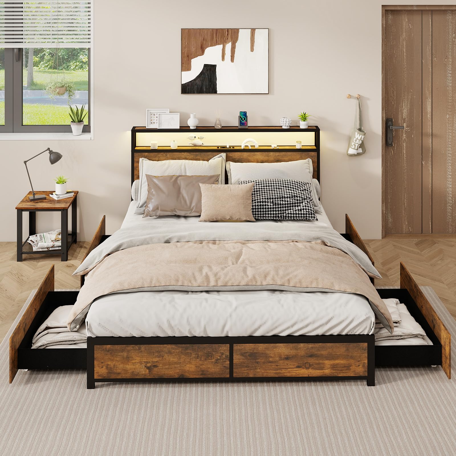 COSTWAY Letto Matrimoniale 160x200 cm, con 4 Cassetti e Testiera, Struttura Letto con Luci LED Regolabile e Presa Multipla, Carico Massimo 300kg, Silenzioso