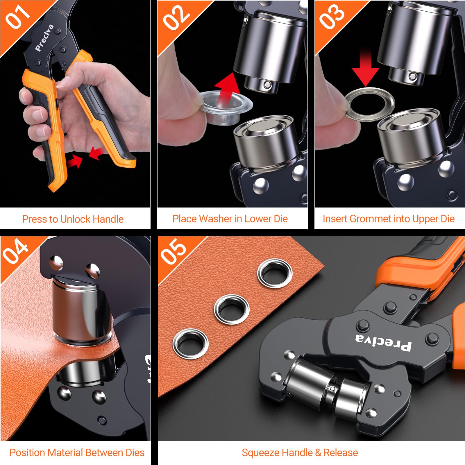 Ösenzange Set, Preciva Ösenzange 10 mm Ösenpresse mit Aufbewahrungsbox und 300 Ösen (Ø10 mm in zwei Farben) für PVC-Banner, Planen, Karton