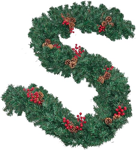 Guirnalda de Navidad con luces, guirnalda de Navidad de 9 pies para manto, guirnaldas preiluminadas al aire libre con bayas rojas y núcleos de pino