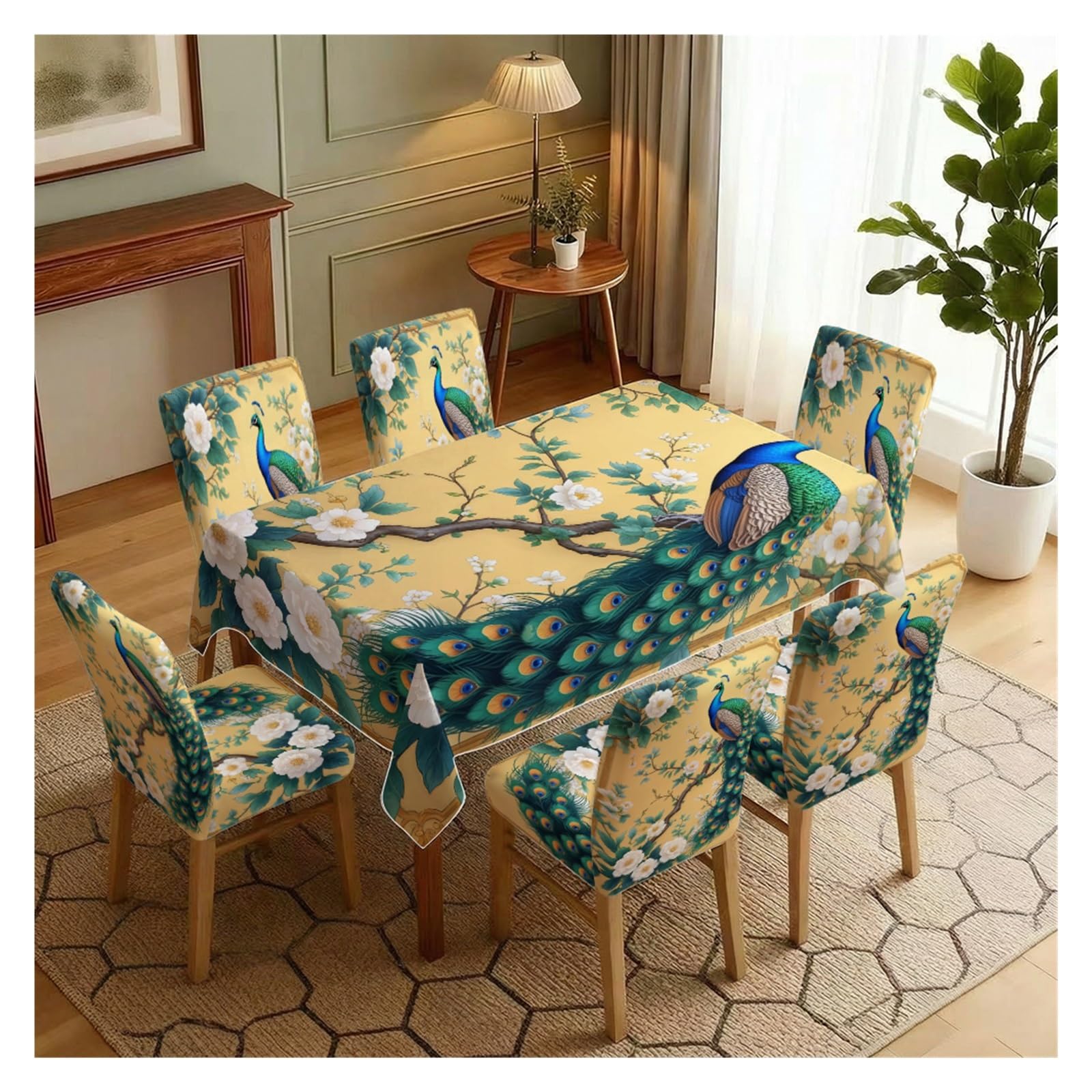 KXUAUV Stretch Dining Chair Slipcovers And Tablecloth Set, Peacock Floral Print, 5/7 Pack For Dining Room Elegant Home Decor Party Decor(7pcs Set: Tablecloth+Chair Covers)