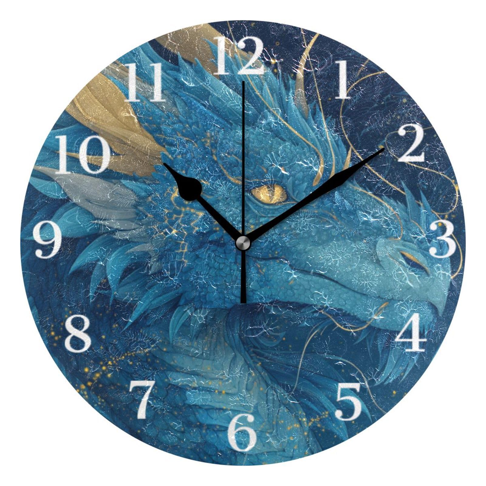 Ensound Blue Gold Dragon Wall Clock Silent Non-Ticking Battery Operated Clocks 12 Inch for Kitchen Home Living Room