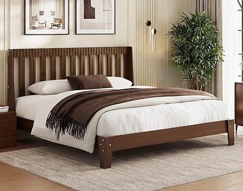 Miniatura 11 de Base de cama de madera tamaño Queen, cabecero alto acanalado con alas curvas, marco de cama de plataforma moderna de mediados de siglo con soporte
