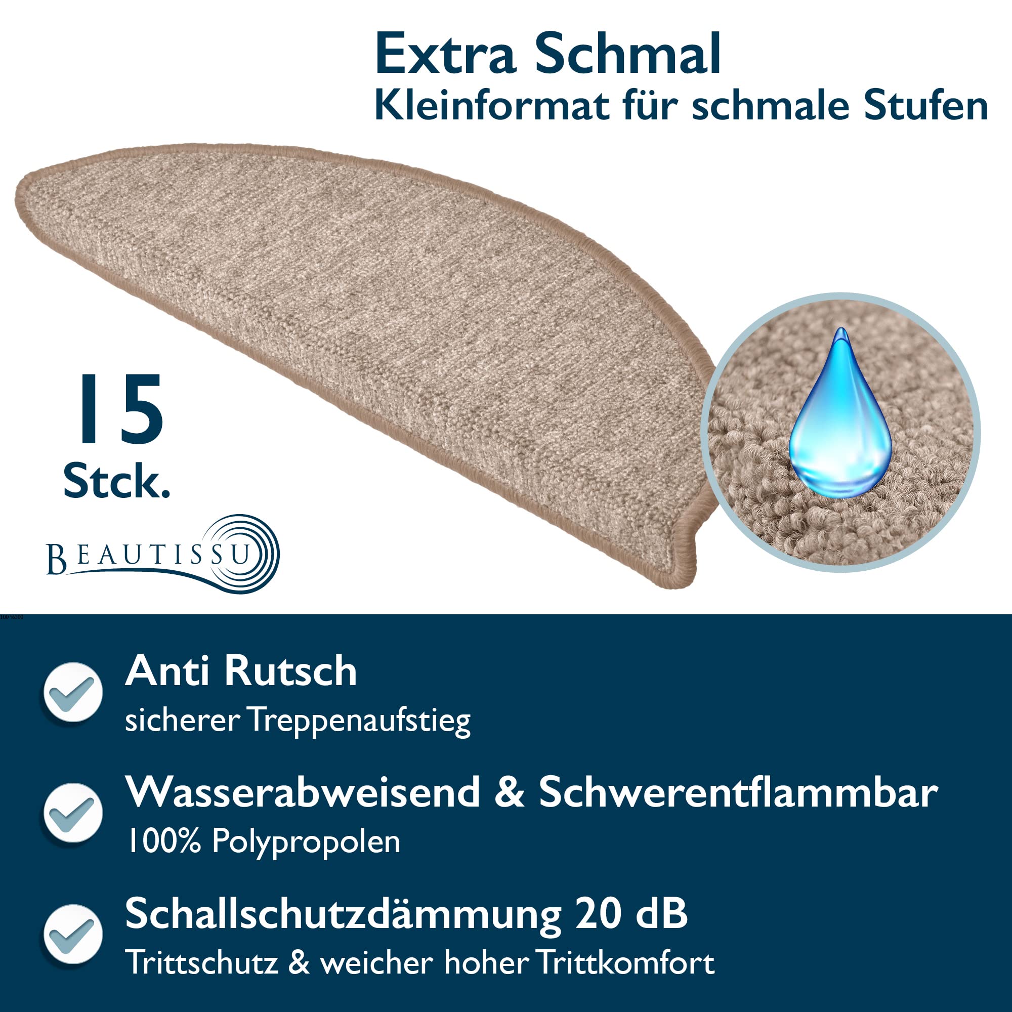 Beautissu Treppenstufen Matten 55x15 cm – 15 Stück Schmale Treppen Stufenmatten Selbstklebend Innen Treppenmatten Stufenmatte Teppich Treppenteppich Stufenteppich Halbrund Sand – ProStair