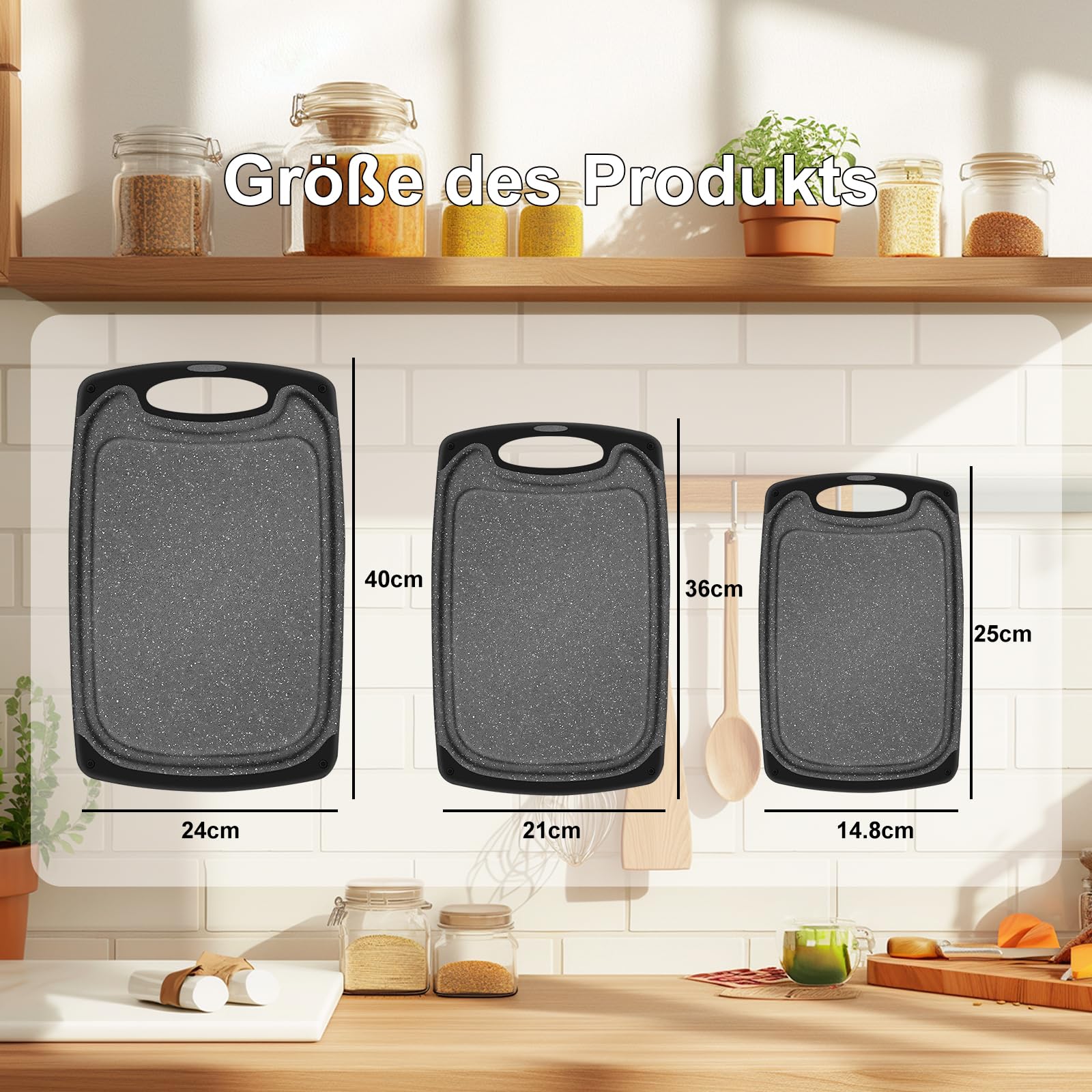 tabla de cortar para cocina, juego de 3 tablas de cortar de plástico, con canal para recoger jugos y diseño antiderrame + orificios para y guardar. negro.