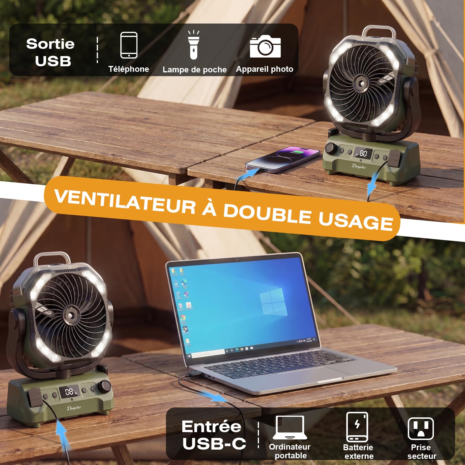 Ventilateur Camping Silencieux avec Lumière, Ventilateur Sans Fil Portable, Mist Fan Batterie Rechargeable 20000mAh avec Rotation et Minuterie, Crochet de Suspension pour Car Extérieur Bureau - Vert