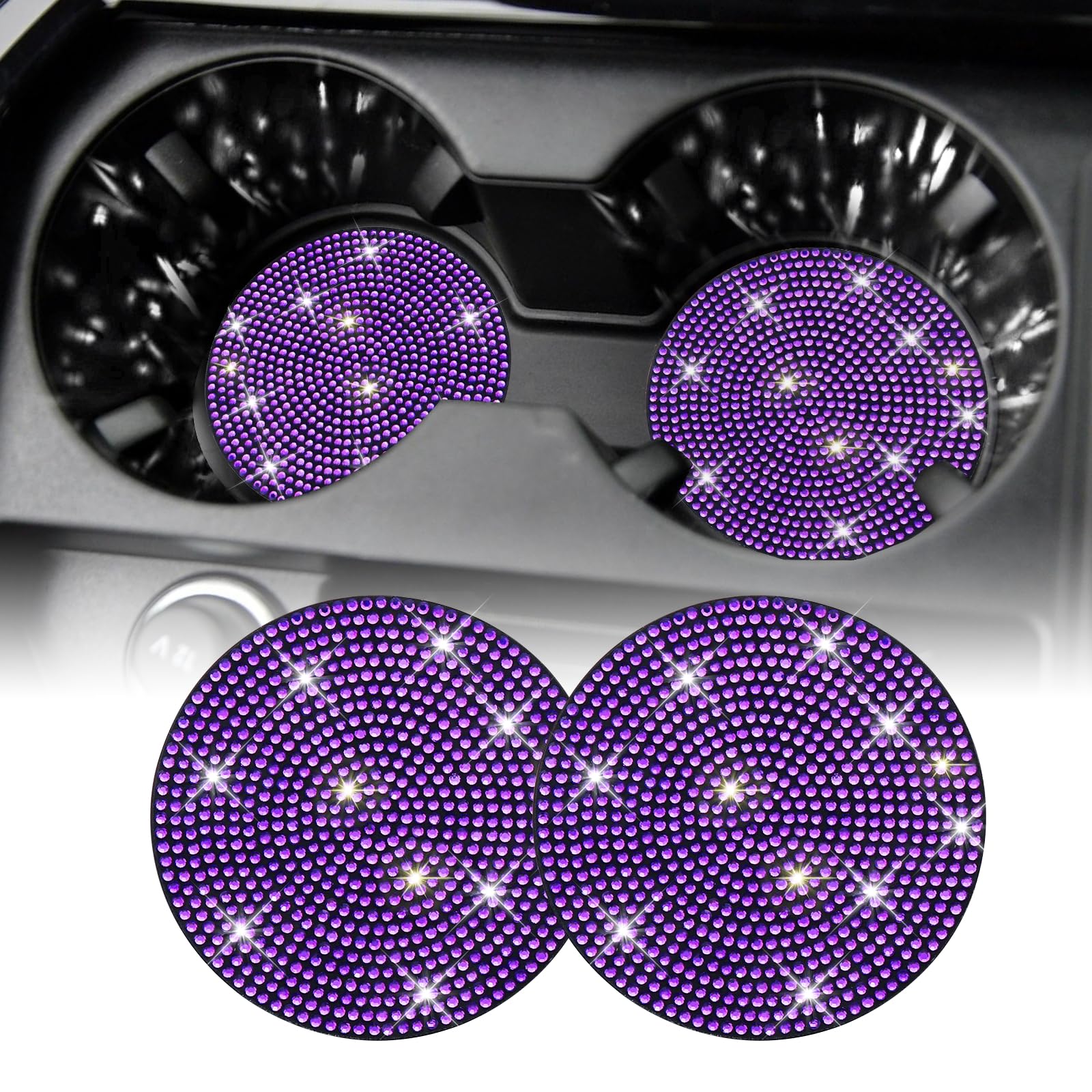 SINGARO Bling Cup Holder Coasters for Car, 2PCS Universal Non-Slip Cup Holder, Embedded Decorative Coasters, Shiny Crystal Car Interior Accessories Gifts for Women (Purple)