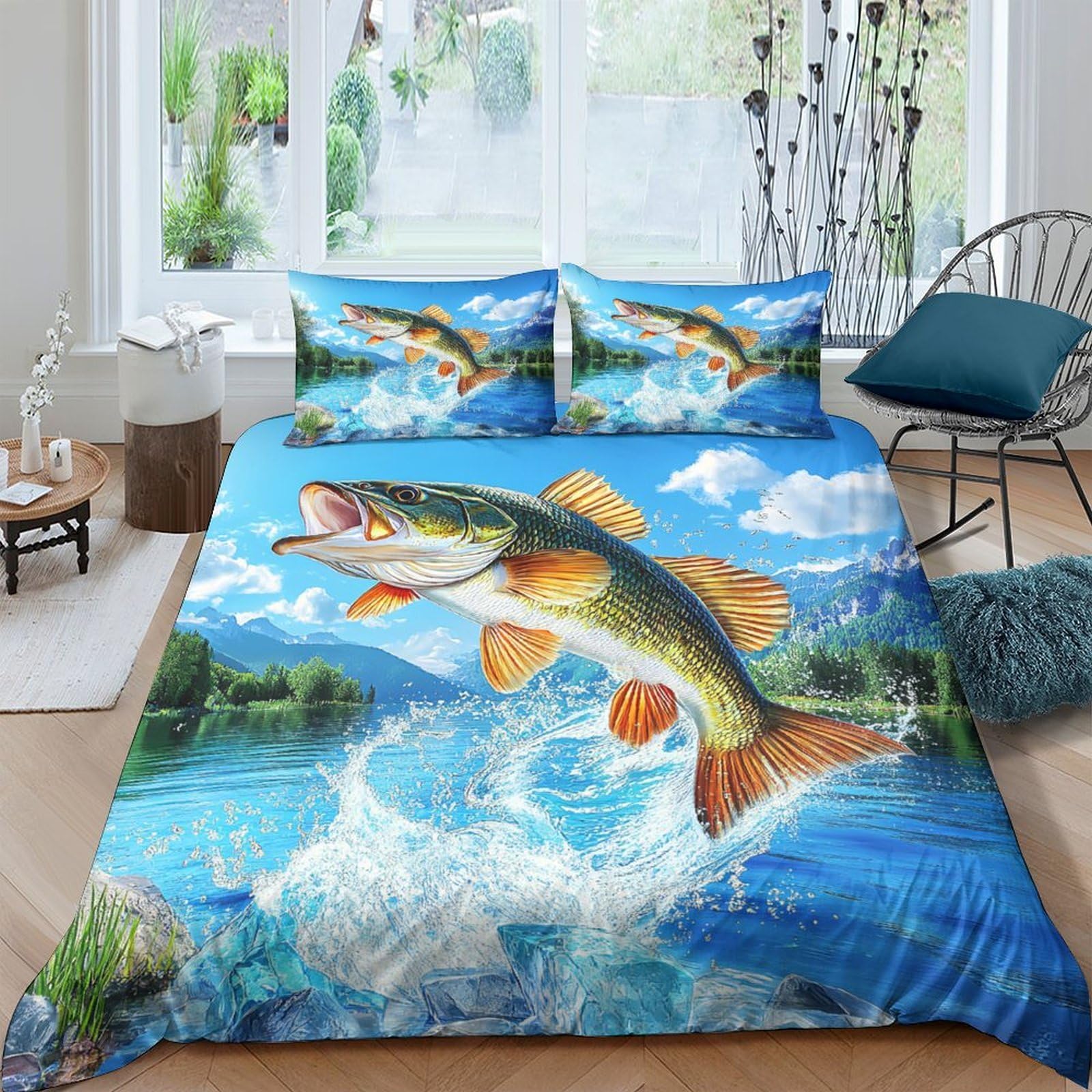 Ctjqhvkz Style-9 3D Printed Jumping Fish Fitted Sheet Microfiber Blue Lake Scene Bed Cover Anti-Slip Machine Washable For Bedroom Dorm Decor Single（135X200cm）