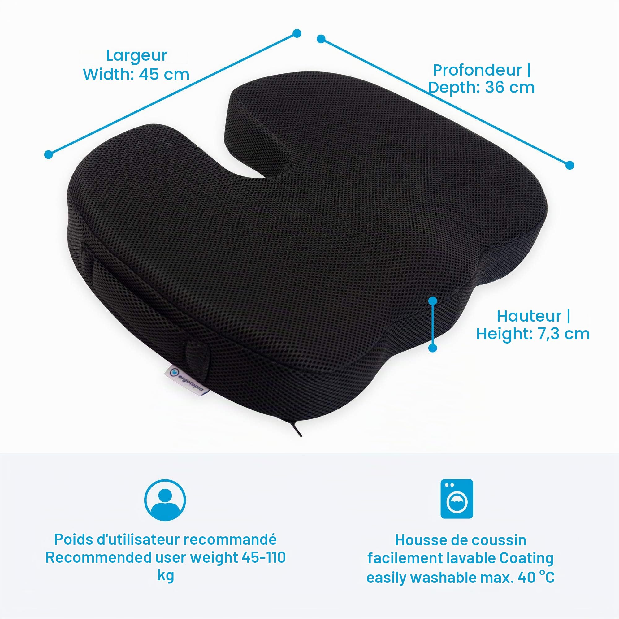 Ergo Topia orthopédique Coussin d'assise avec 100% Garantie de Satisfaction pour sofortigen soulager Les douleurs du Dos et Sciatique Problèmes en Mousse viscoélastique optimisé (Noir)