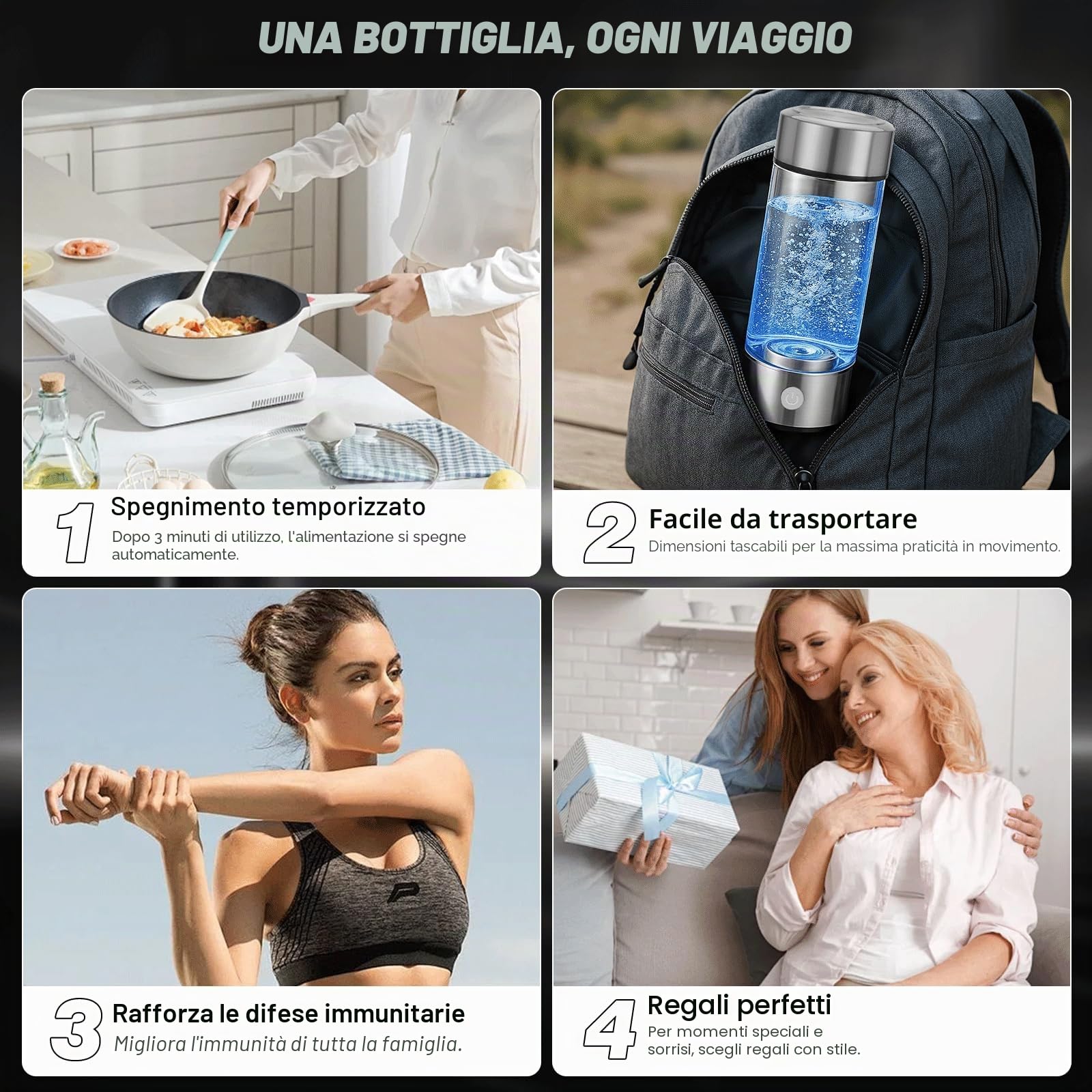 Bottiglia d'acqua idrogenata migliorata, generatore di idrogeno, macchina per acqua idrogenata ricaricabile con tecnologia SPE/PEM, portatile e ricaricabile, vetro, 450 ml (confezione da 2)