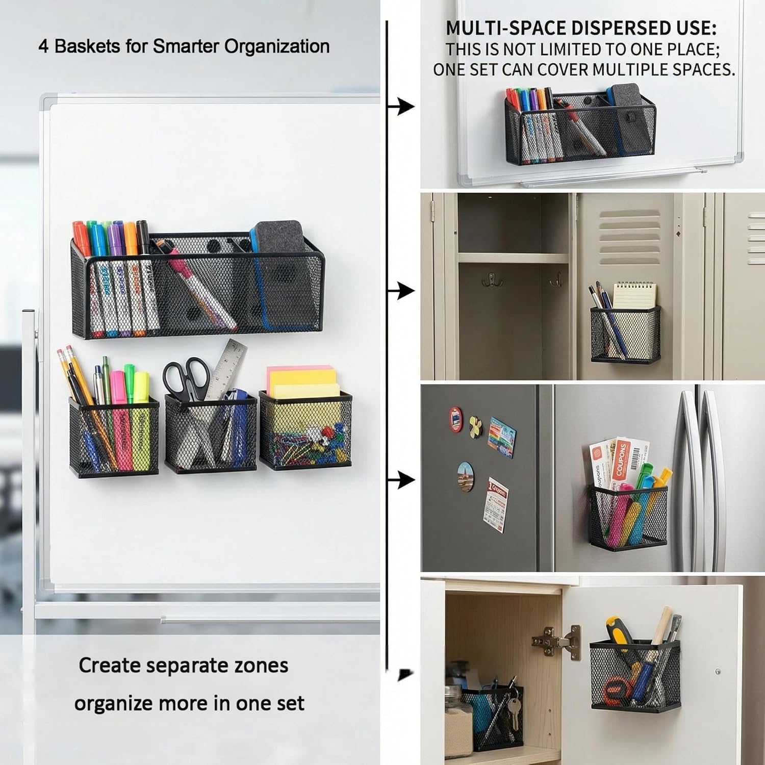 Neudeco Magnetic Pencil Holder, Locker Shelf Organizer, Metal Mesh Storage Basket for Whiteboard, Refrigerator, Marks, Pens, School&Office Supplies,Black (Pack of 4)
