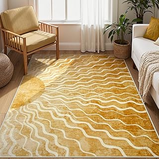 Wonnitar Sun 5x7 Area Rug, Boho Ombre Yellow Bedroom Rug Machine Washabl...
