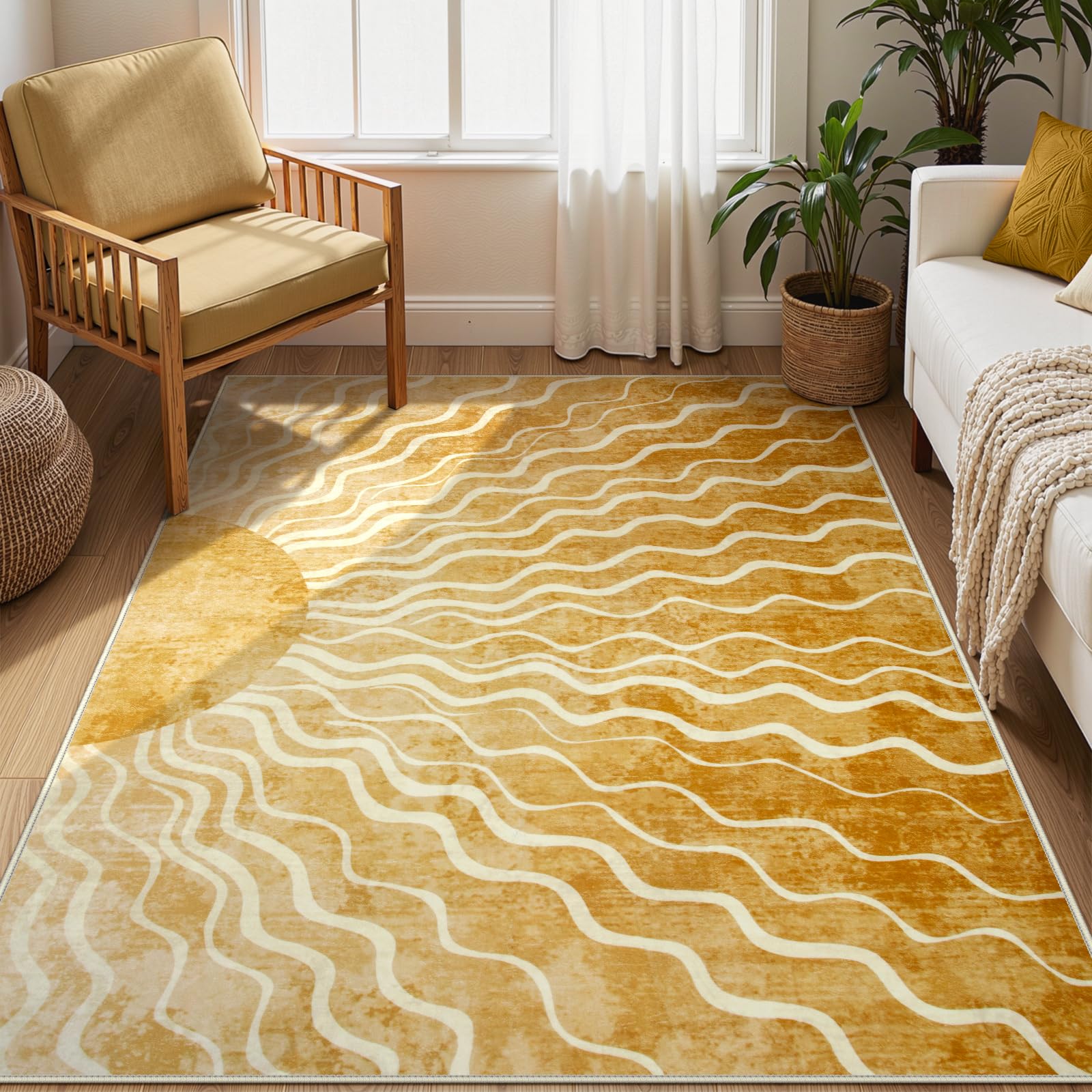 Photo 1 of Wonnitar Sun 5x7 Area Rug, Boho Ombre Yellow Bedroom Rug Machine Washable Carpet, Ultra Thin Soft Non Slip Mid Century Nursery Carpet for Kids Room Living Room Playroom Classroom Decor