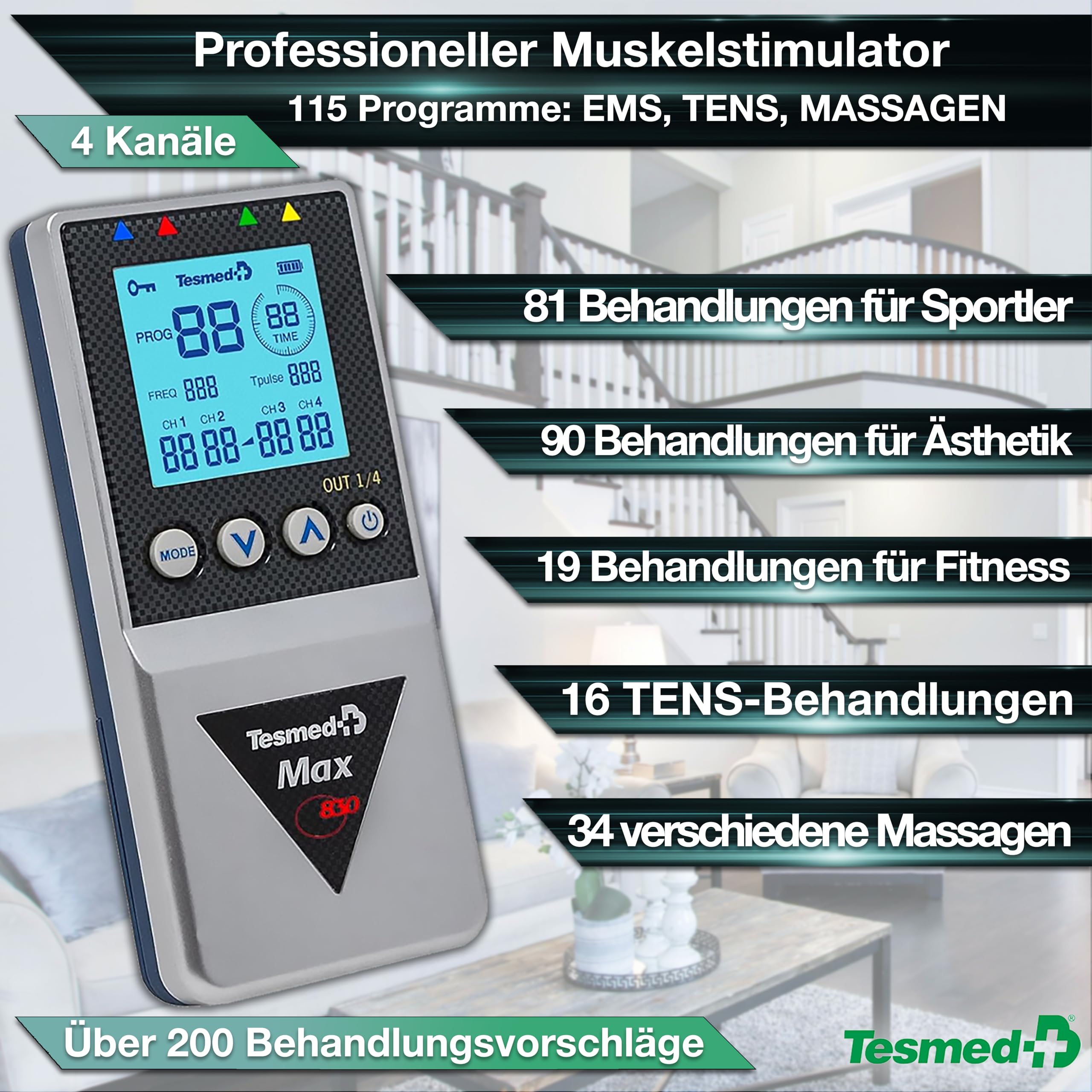 TESMED Max 830: Professionelles TENS/EMS/Massagegerät mit sequentieller Stimulation, 4 Kanäle, 115 Programme, Davon 20 Anpassbar, Wiederaufladbar, Inklusive 20 Elektroden