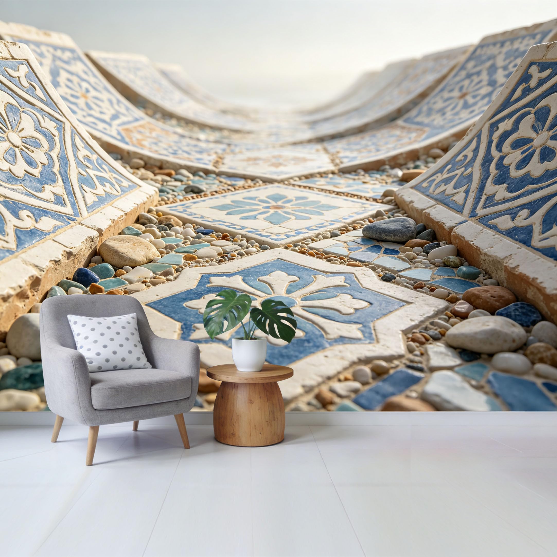 Qzlithotic Yq2605250888 Custom Size Wall Mural Mediterranean Blue White Tile Mosaic Pattern 3D Trompe L'oeil Texture Selfadhesive Wall Fabric Removable Wallpaper For Home Office Decor